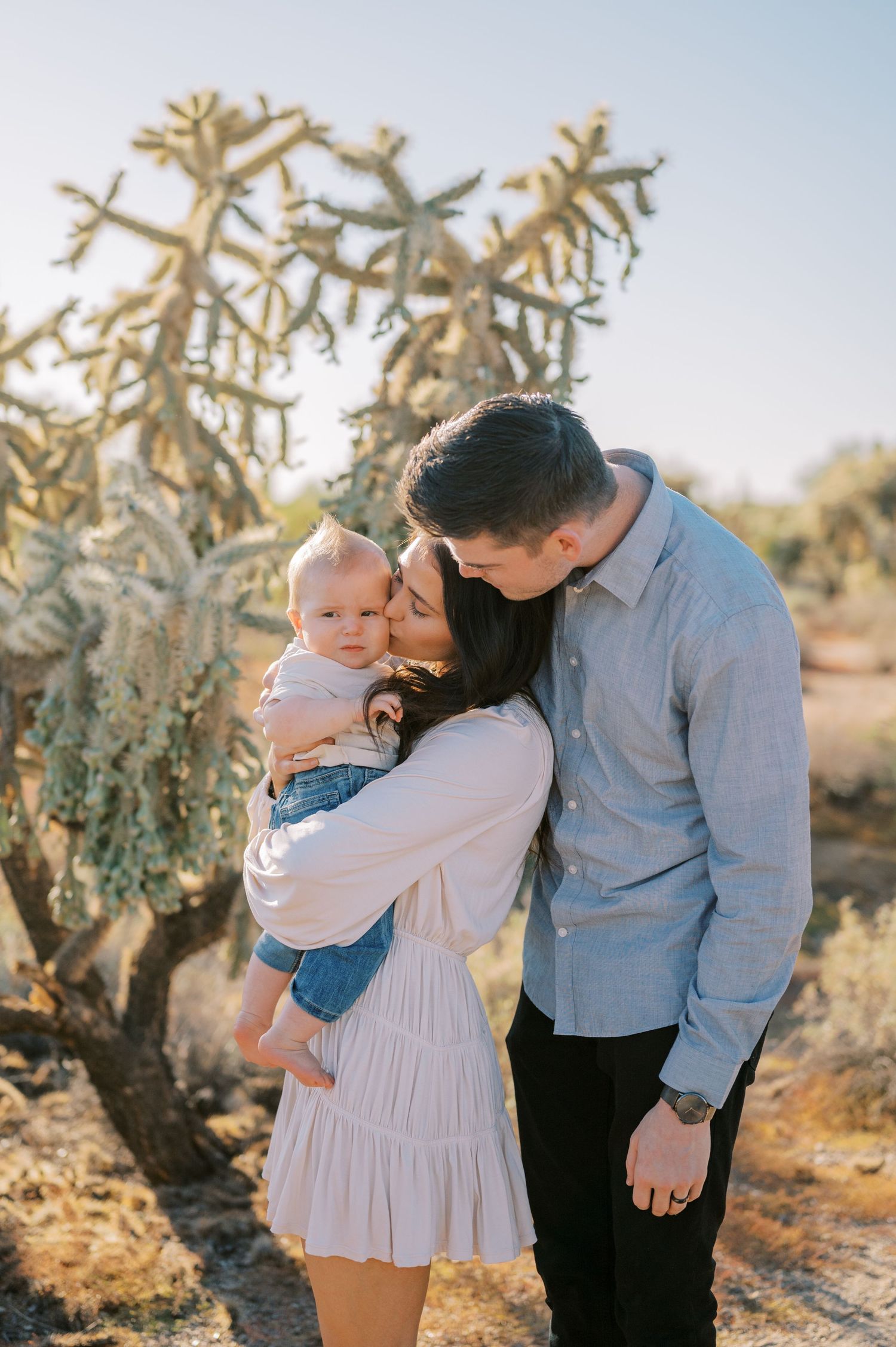 A family shares tender moments together in a desert landscape with cholla cactus during golden hour. Phoenix Arizona family photographer.