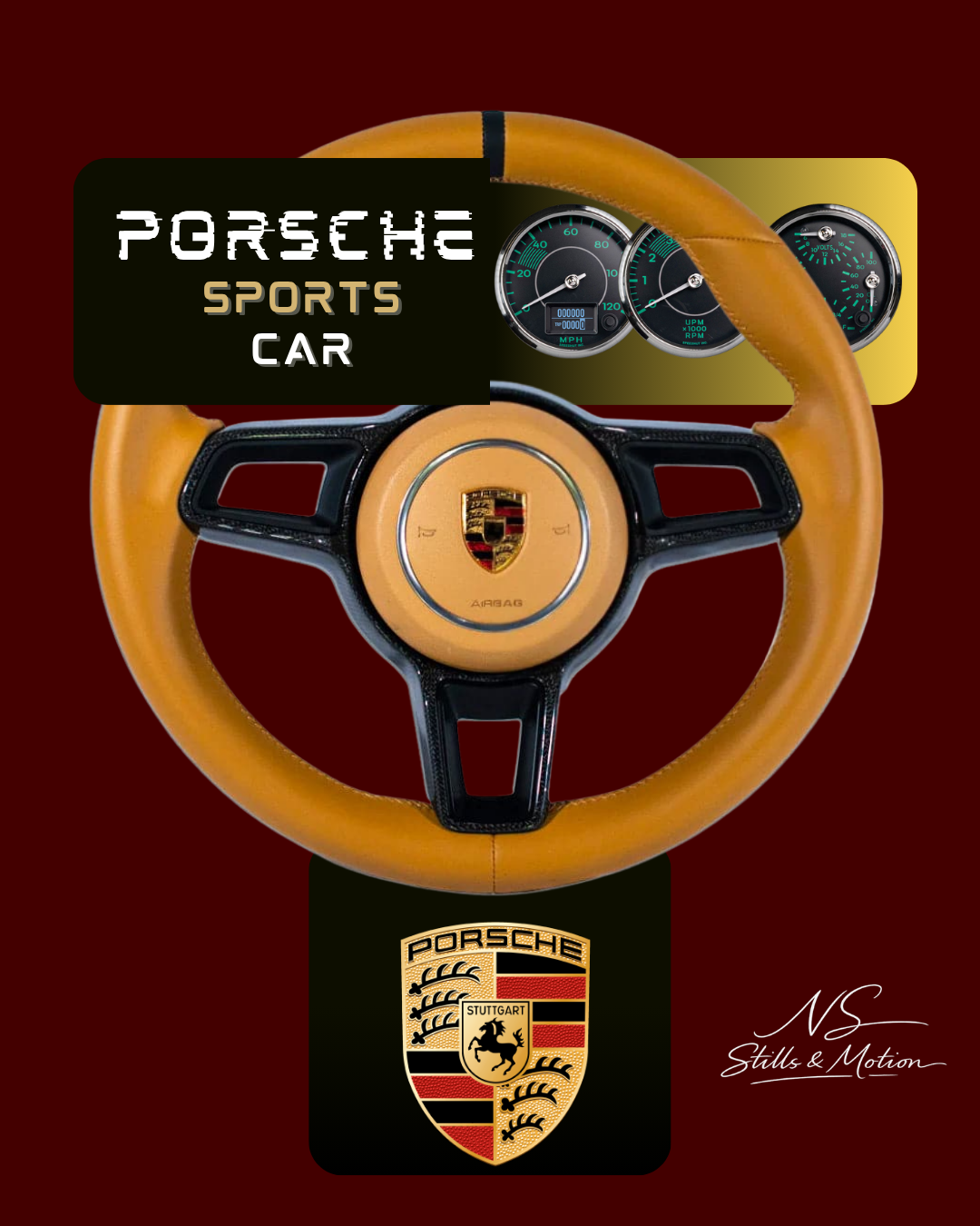Digital art illustration of a Porsche sports car orange steering wheel with emblem on dark red background.