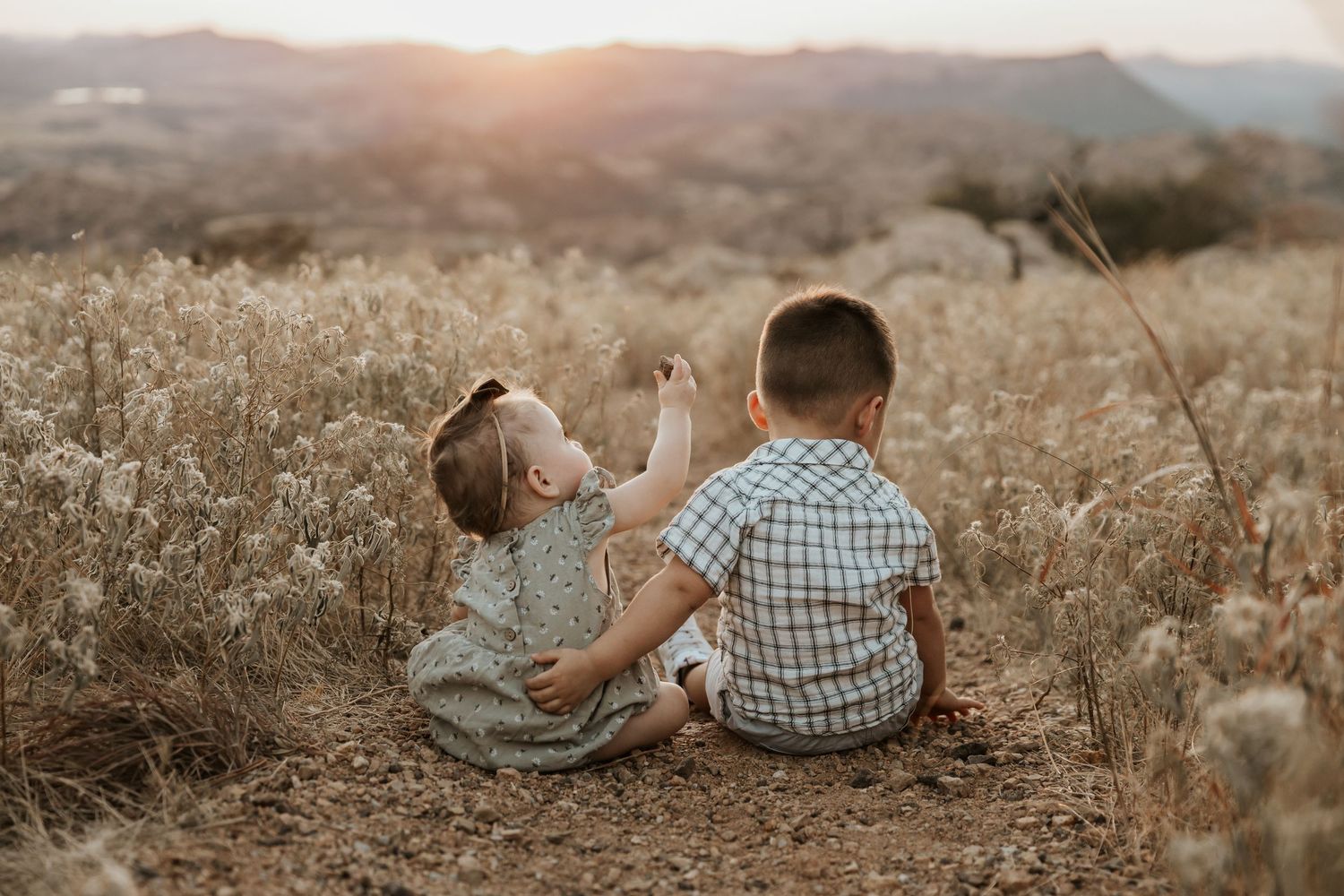 A family relaxes together on a grassy hillside during golden hour.
