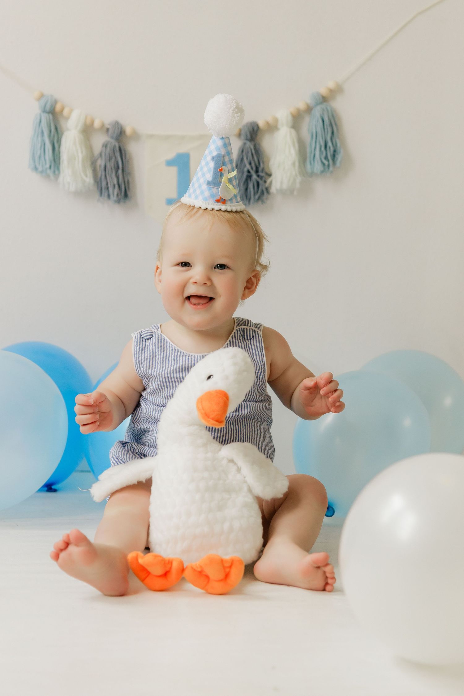 Baby in striped outfit with plush duck toy surrounded by blue balloons and tassel garland.