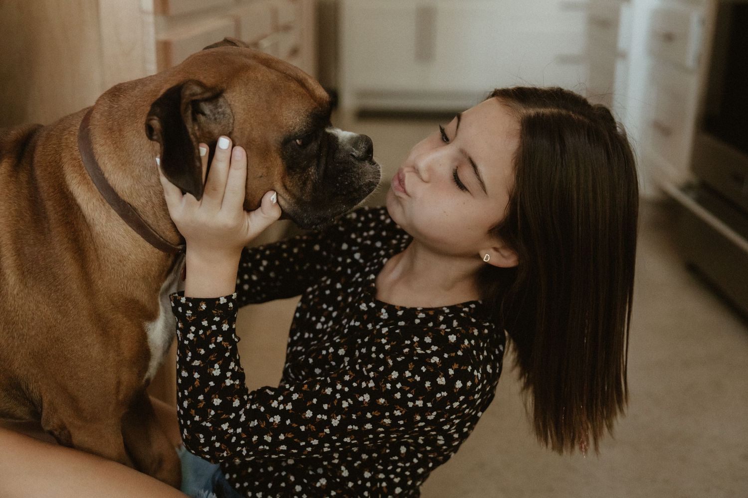 Brown dog giving affectionate kisses to person in polka dot dress.