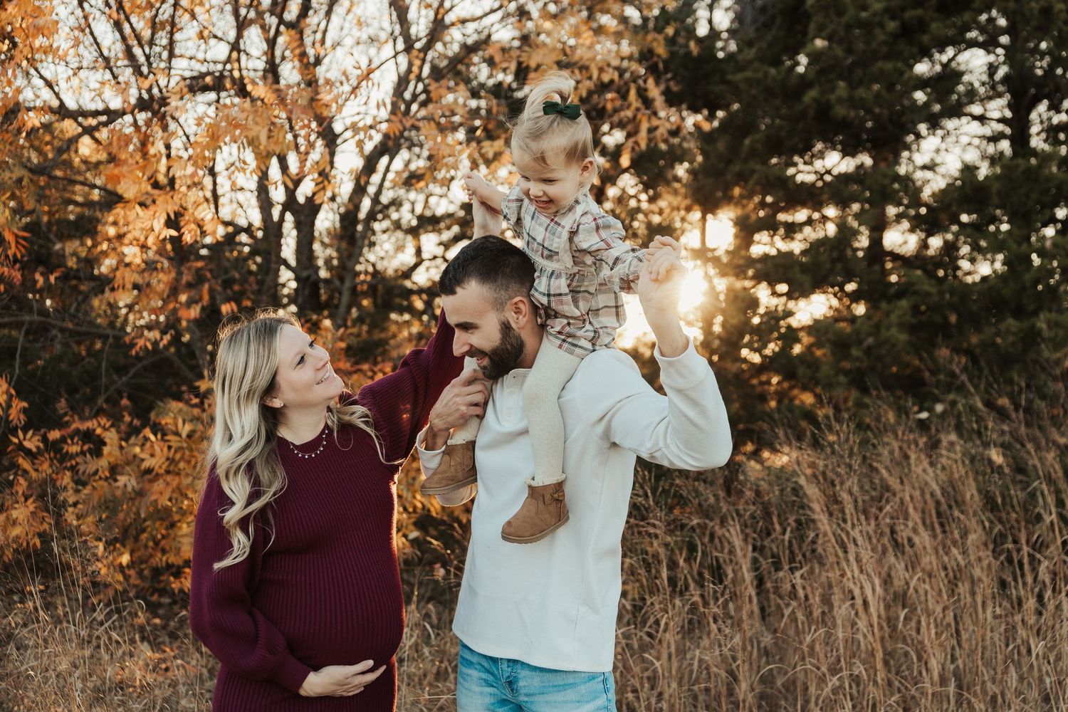 A sequence of joyful interactions captured in a golden-lit outdoor setting during fall.