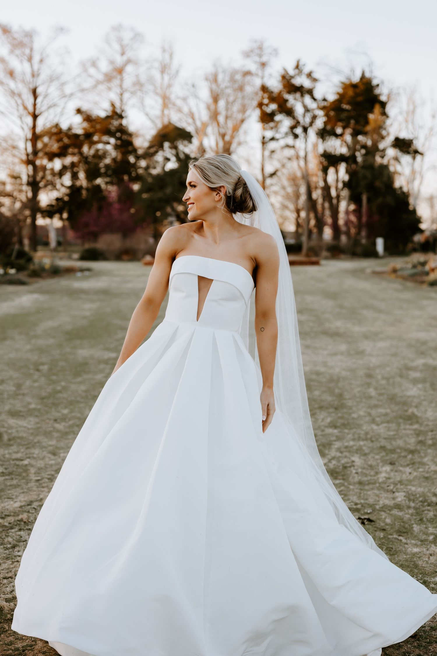 Flowing white wedding gown details shown in multiple angles outdoors.
