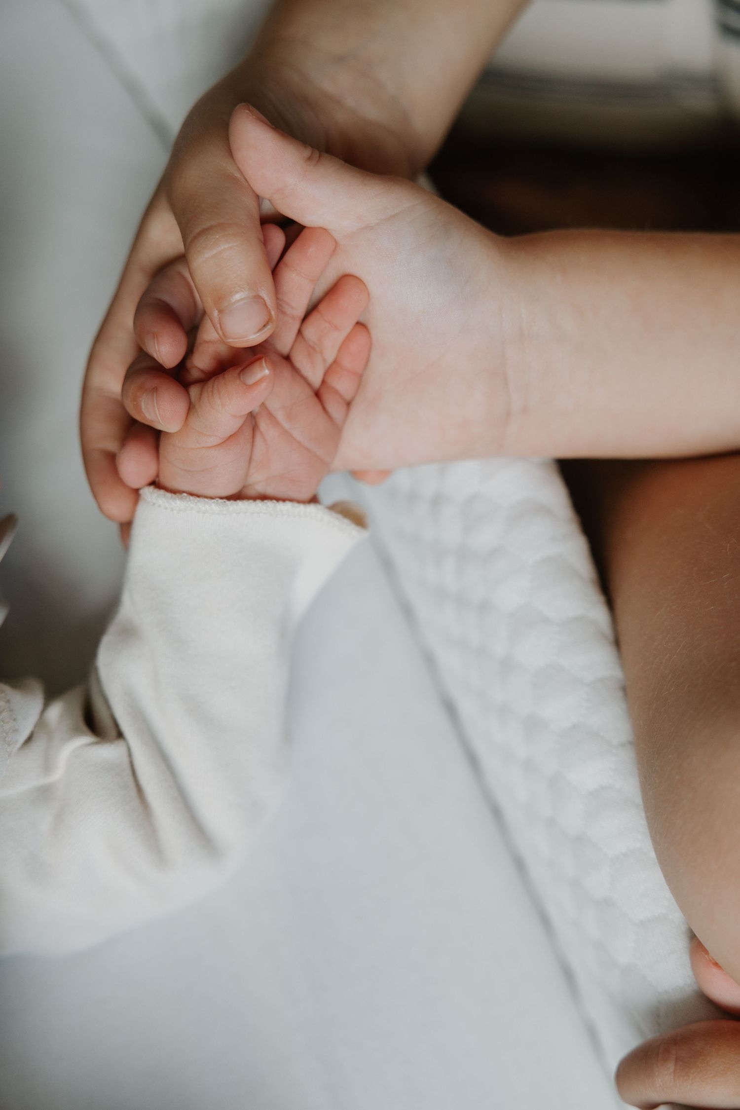 Close-up of tiny baby hands being gently held against white fabric.