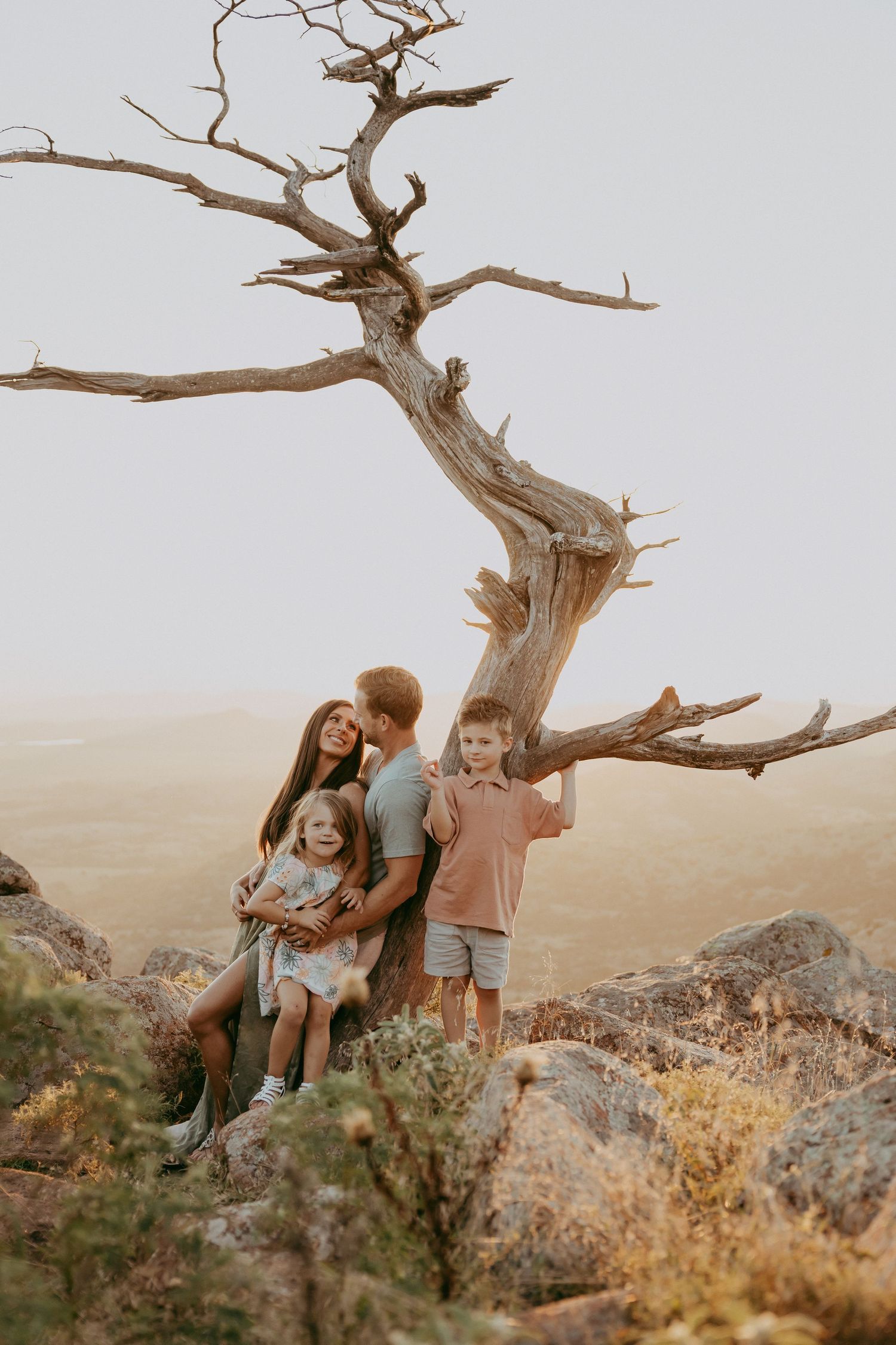 A couple shares an intimate moment against a gnarled tree on a hilltop during golden hour.