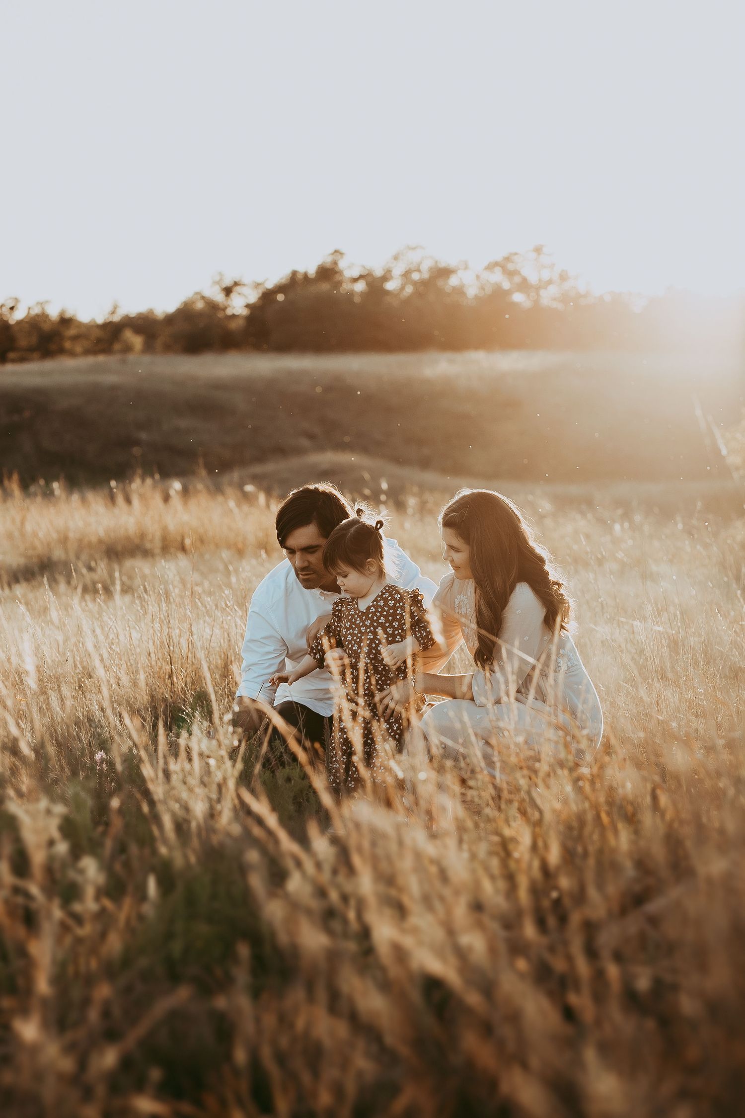Couple sitting in golden grass field during sunset photoshoot.