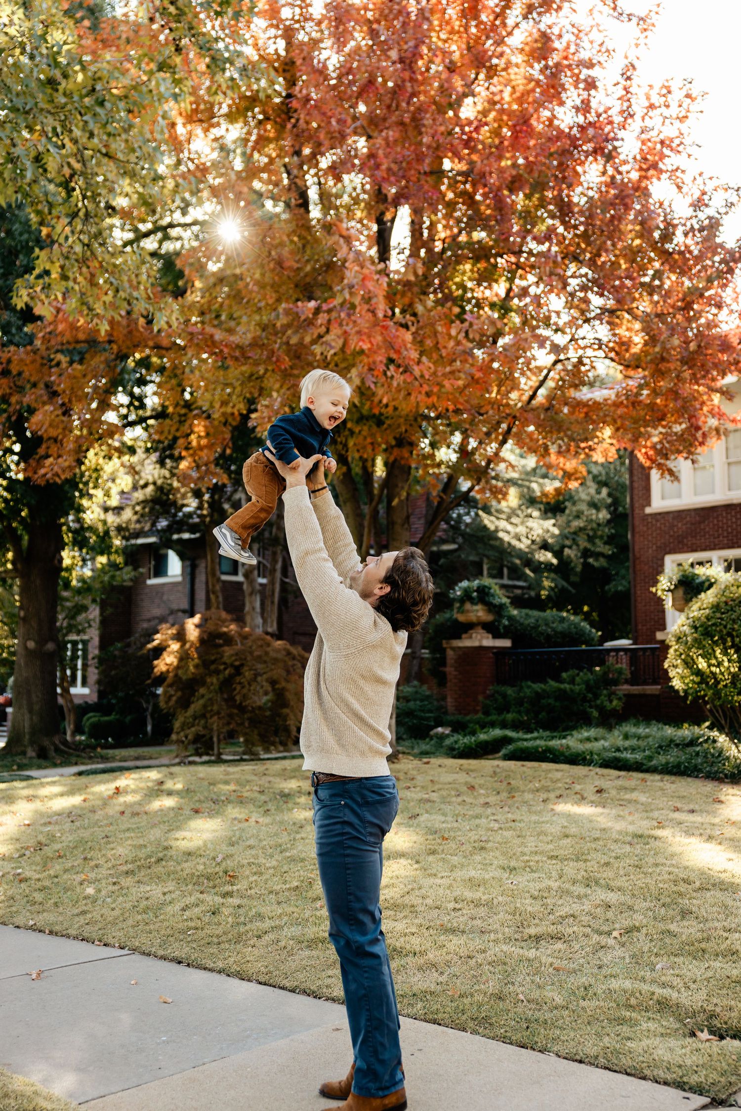 Series of candid moments between family members playing in autumn sunlight.