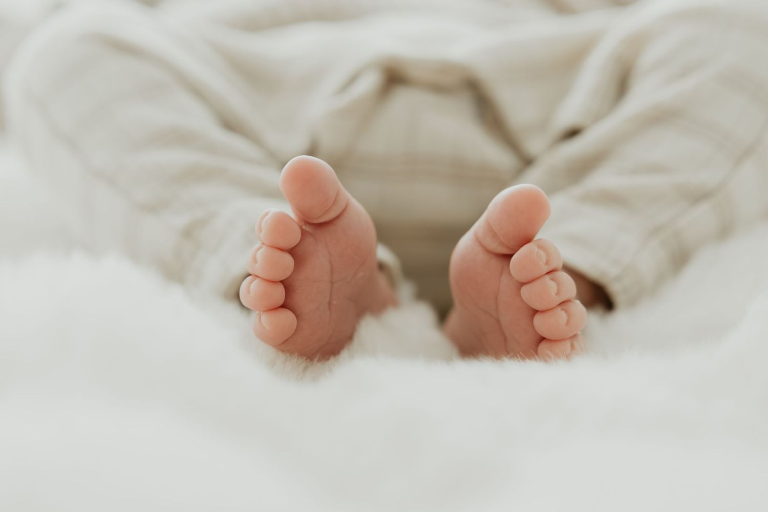 Close-up of tiny baby feet resting on soft white fabric.