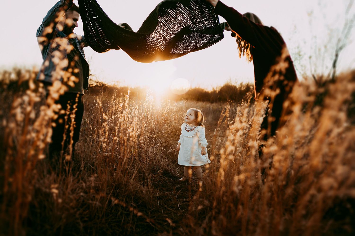 Dreamy sunset silhouettes in a field with bokeh light effects.