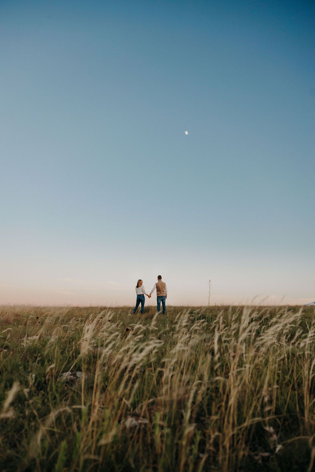 A couple stands in silhouette among tall grass under a vast sky.