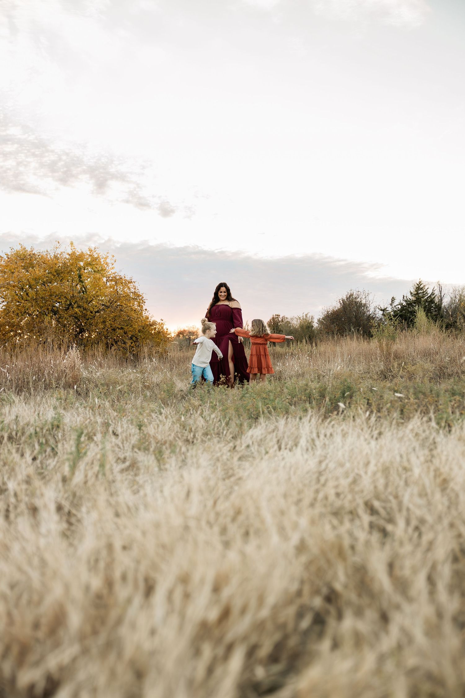 Wide landscape shot of people standing in tall golden grass during sunset.