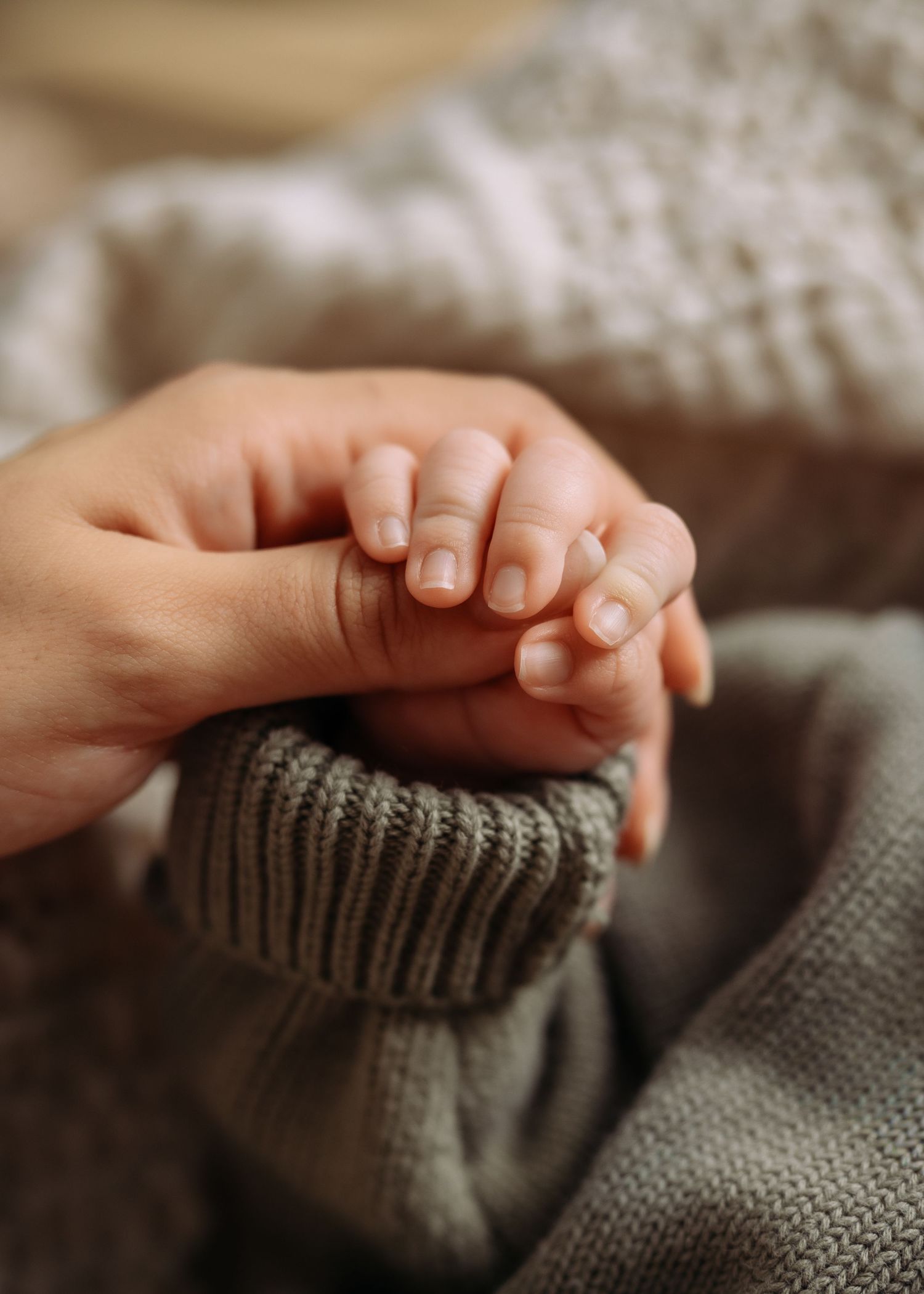 A parent's hand gently holding a newborn baby's tiny fist, both wearing soft knit clothing.