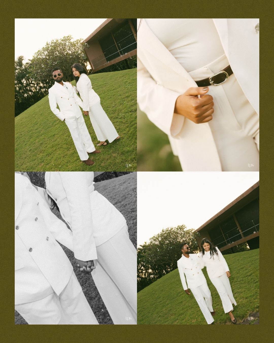 Collage of four photos showing a couple in matching white suits posing on a green lawn, with a close-up of a belted blazer detail.