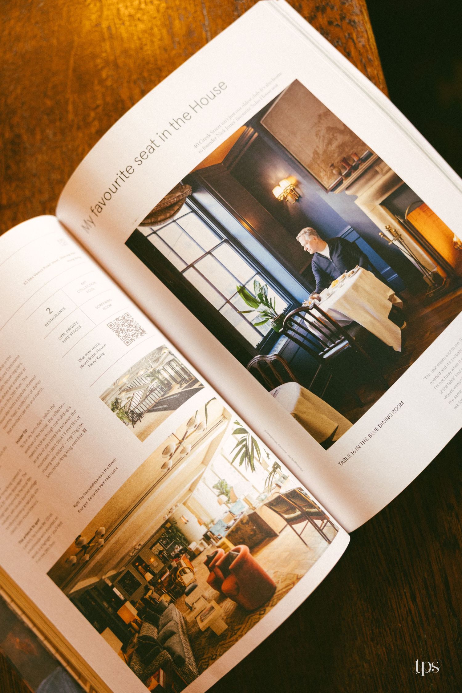 Open magazine spread featuring restaurant interior photos and the headline My Favourite Seat in the House.