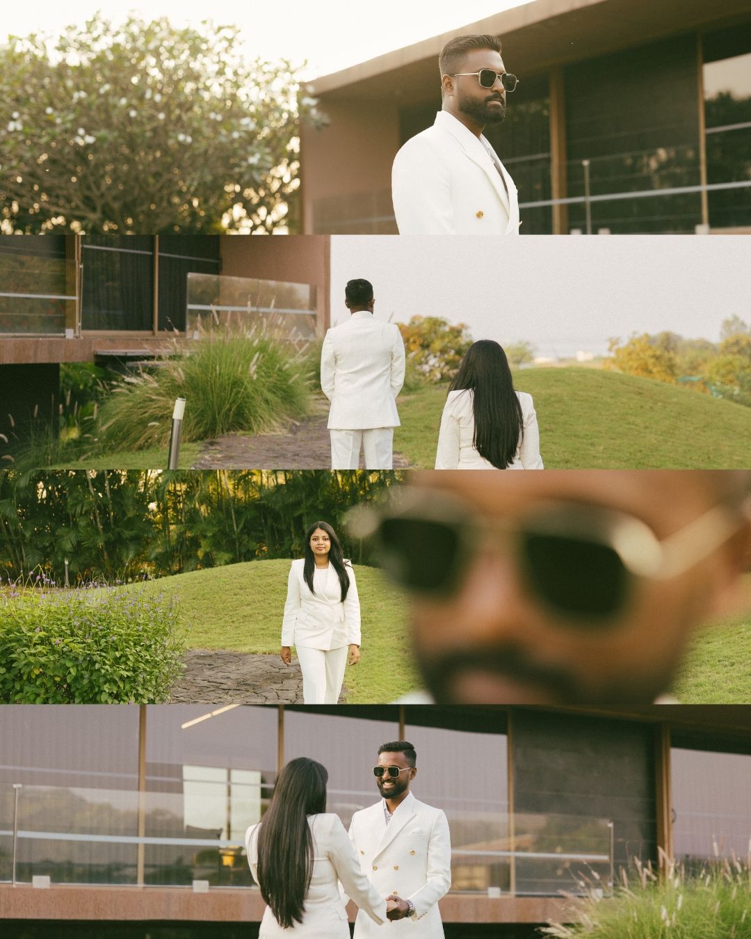 Couple in matching white suits pose in a collage of five frames outside a modern building with green lawns and lush landscaping.