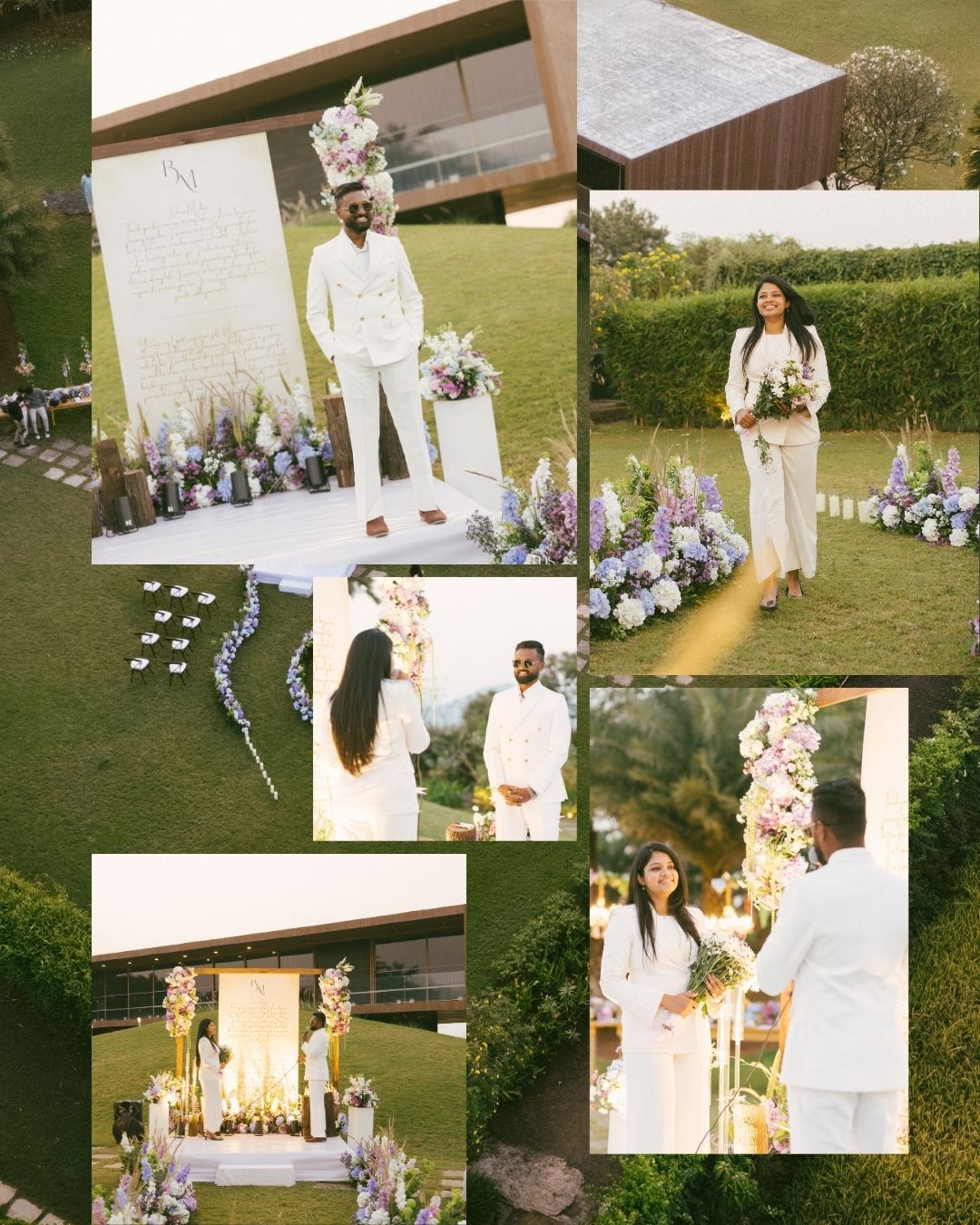 Collage of an elegant outdoor wedding with a groom and bride in white, lavender floral arrangements, and a ceremony altar on a green lawn.