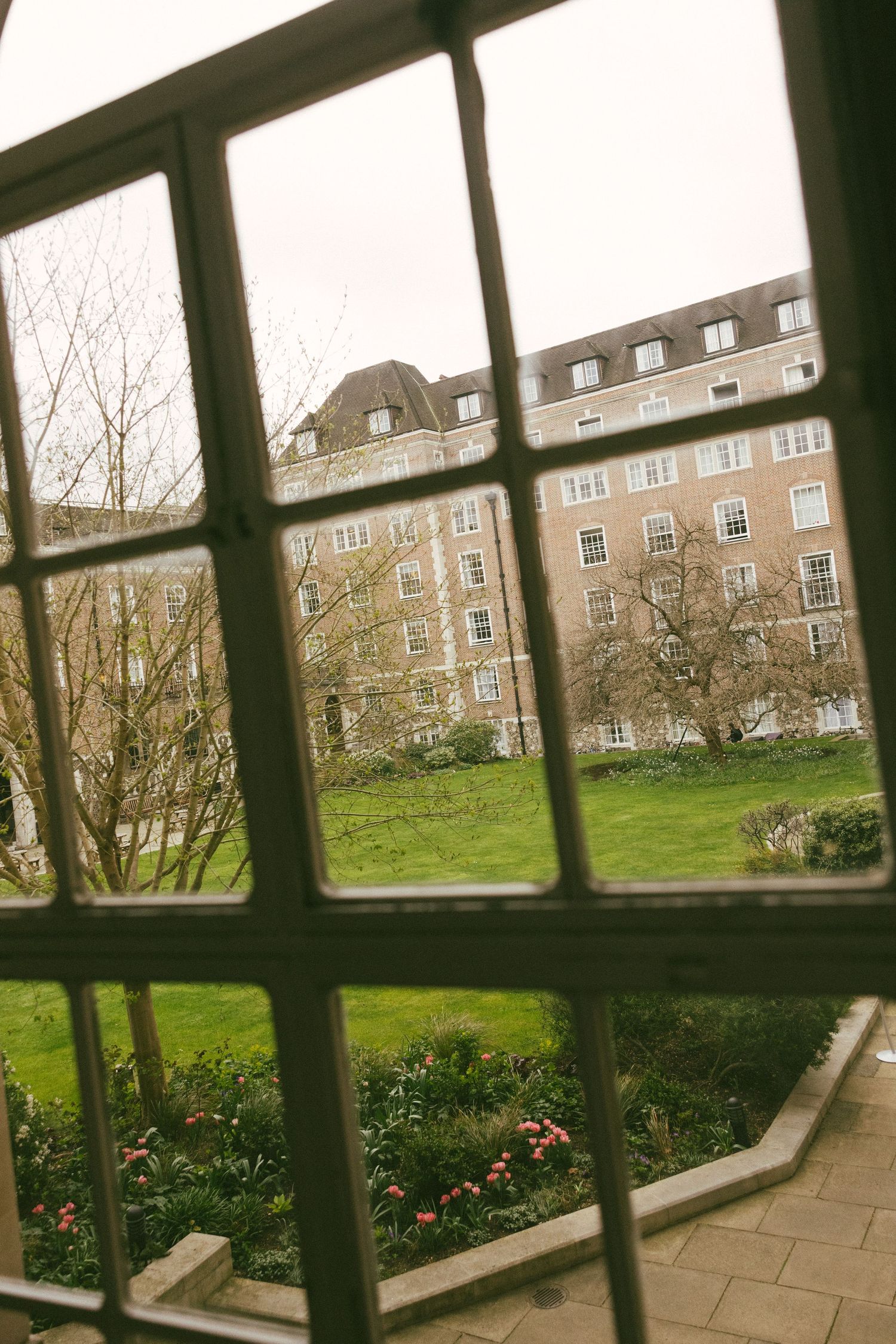 View through a multi-paned window overlooking a green courtyard and brick building with dormer windows.