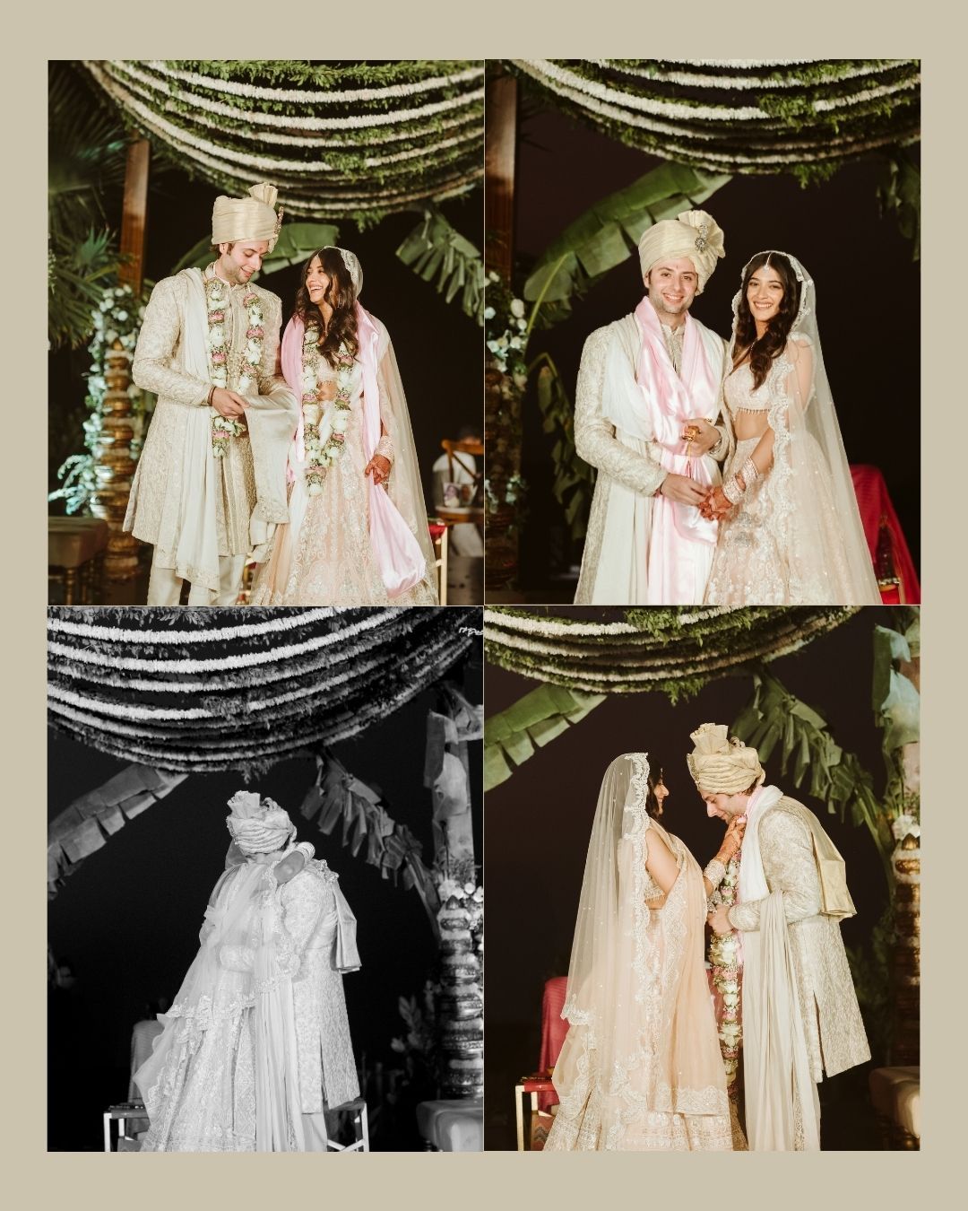 Elegant Indian wedding ceremony couple in traditional white and gold attire under floral mandap decorations.