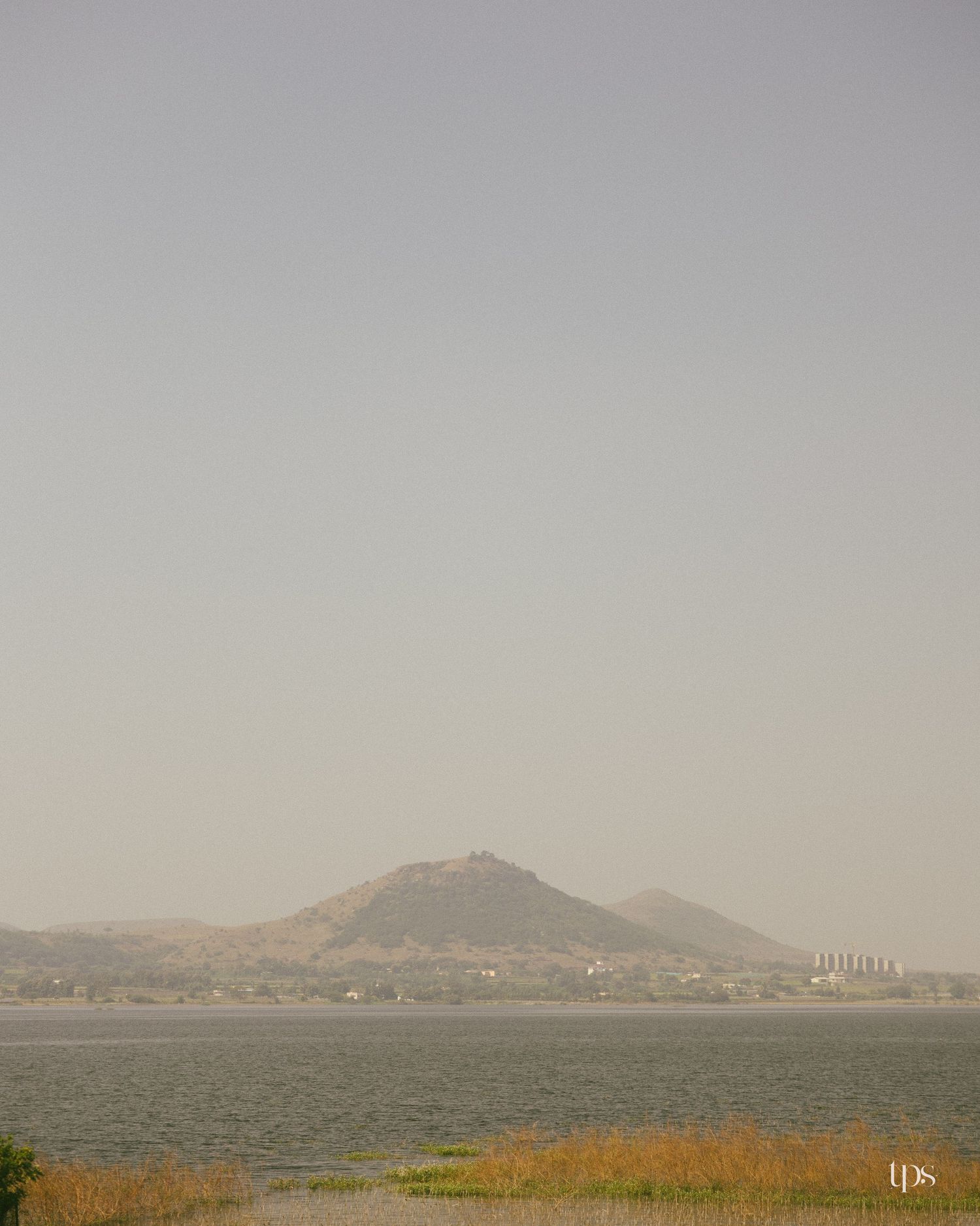 Hazy view of a calm lake with golden reeds in the foreground and distant mountains rising beneath a pale, smoggy sky.