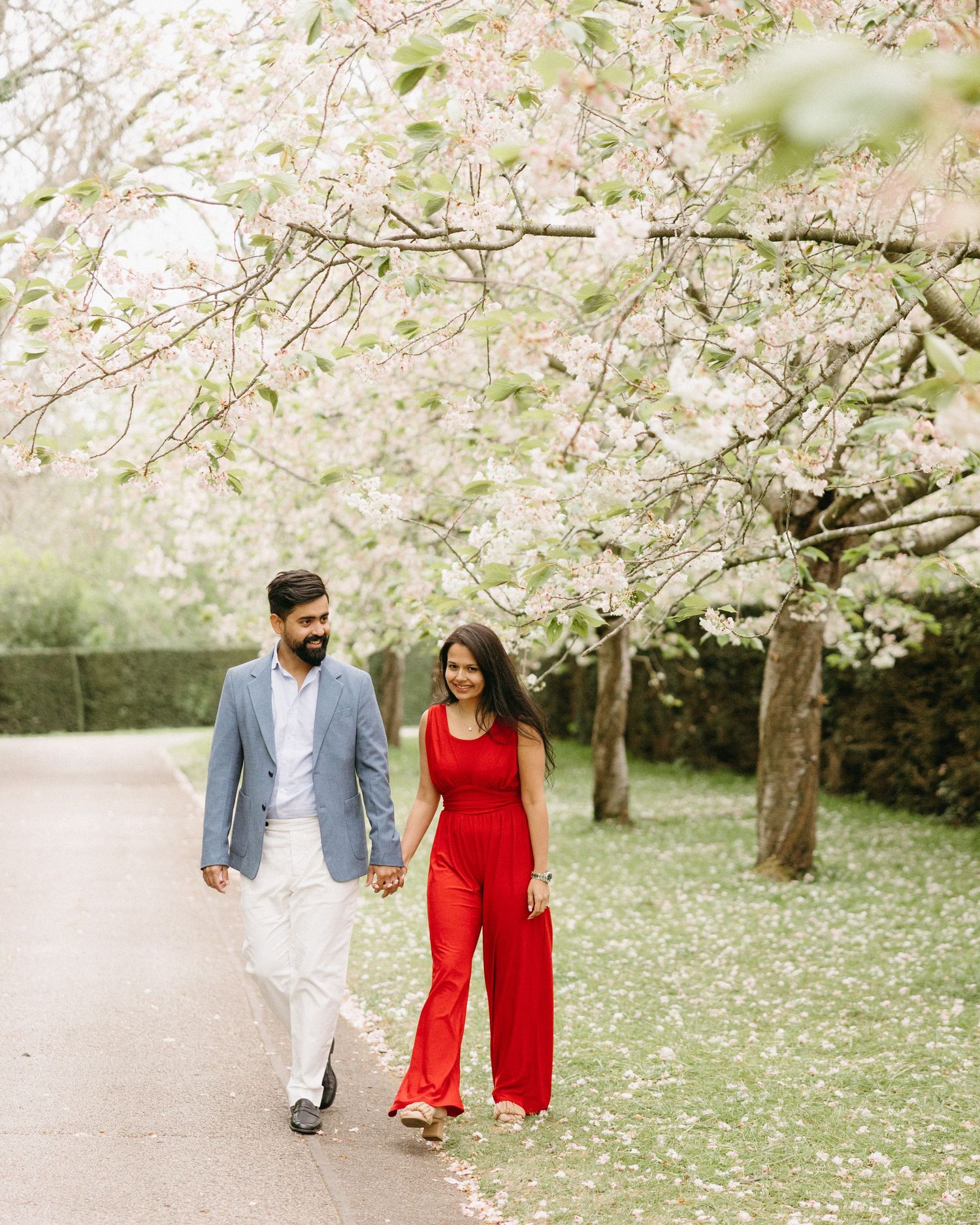 Couple walking hand in hand under blooming cherry blossom trees, man in blue blazer, woman in red jumpsuit.