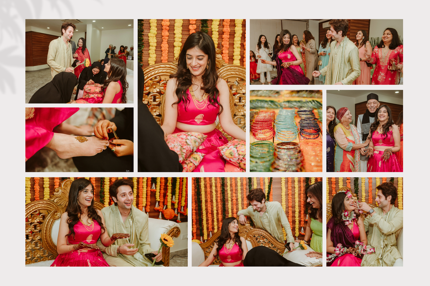 A vibrant Indian Mehndi ceremony collage featuring a bride in pink lehenga with groom in traditional attire.