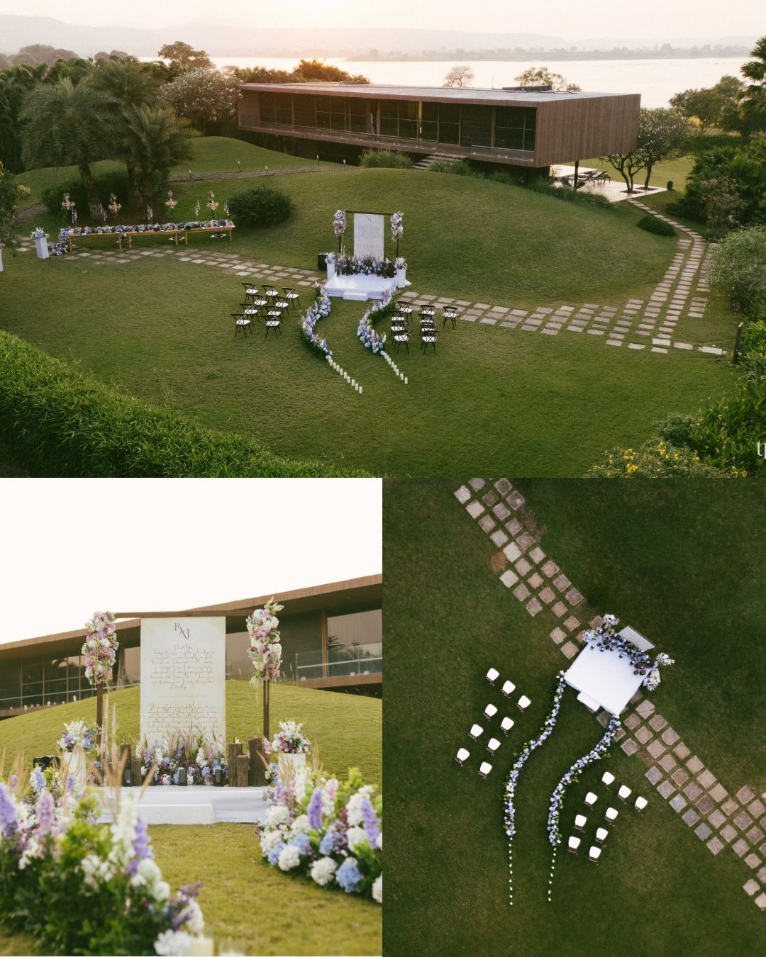 Outdoor lawn wedding ceremony setup with floral aisle runners, white chairs, and an arch beside a modern lakeside pavilion.