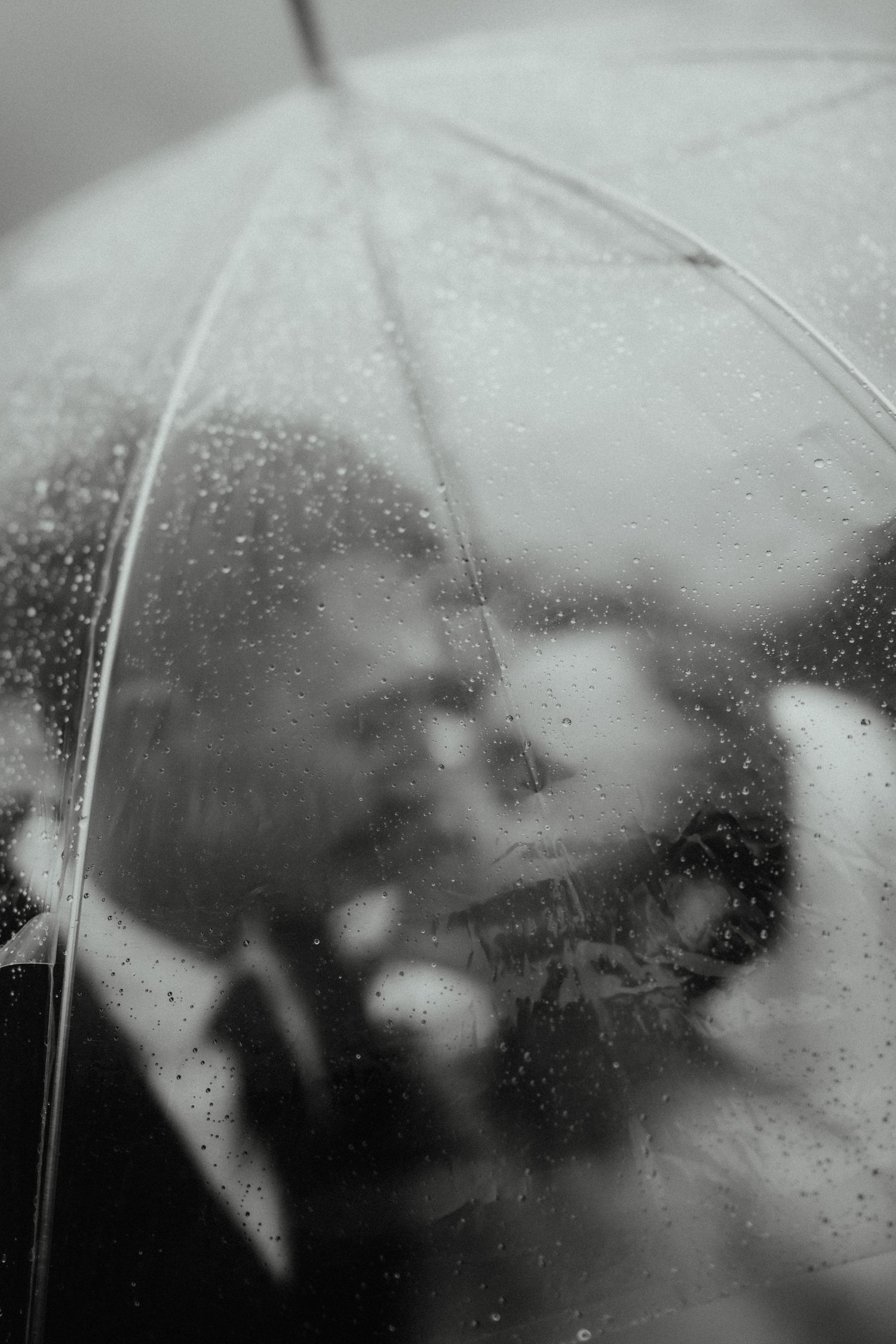 Black and white photo of a couple embracing behind a rain-speckled transparent umbrella, their figures softly blurred.