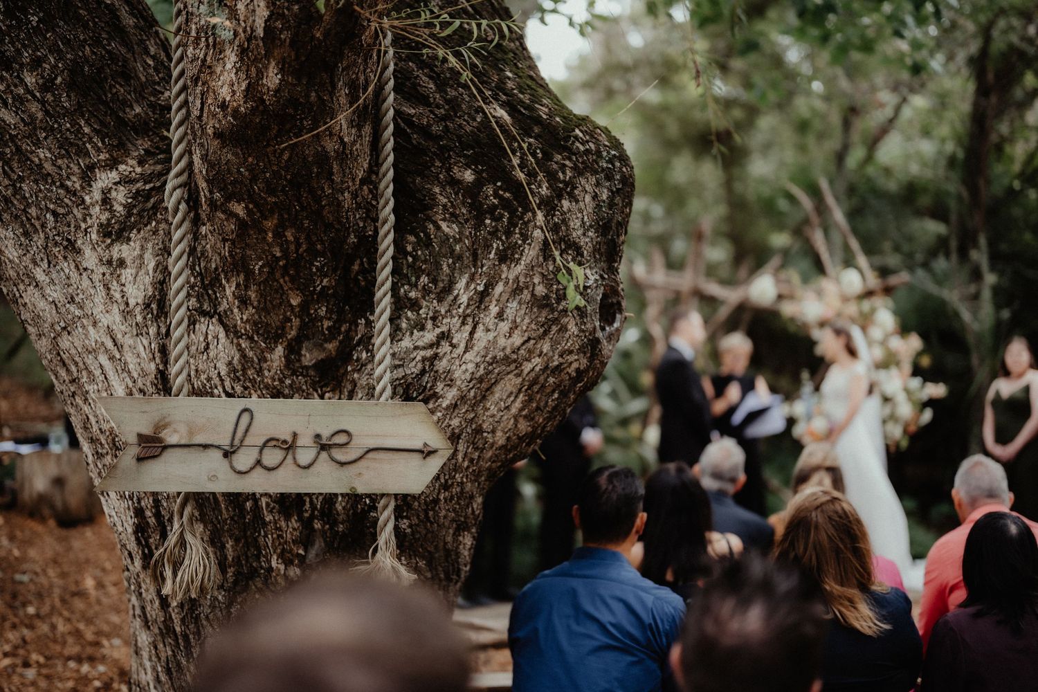 Wooden arrow sign reading love hangs from a tree trunk as wedding guests watch a couple's outdoor ceremony in the background.