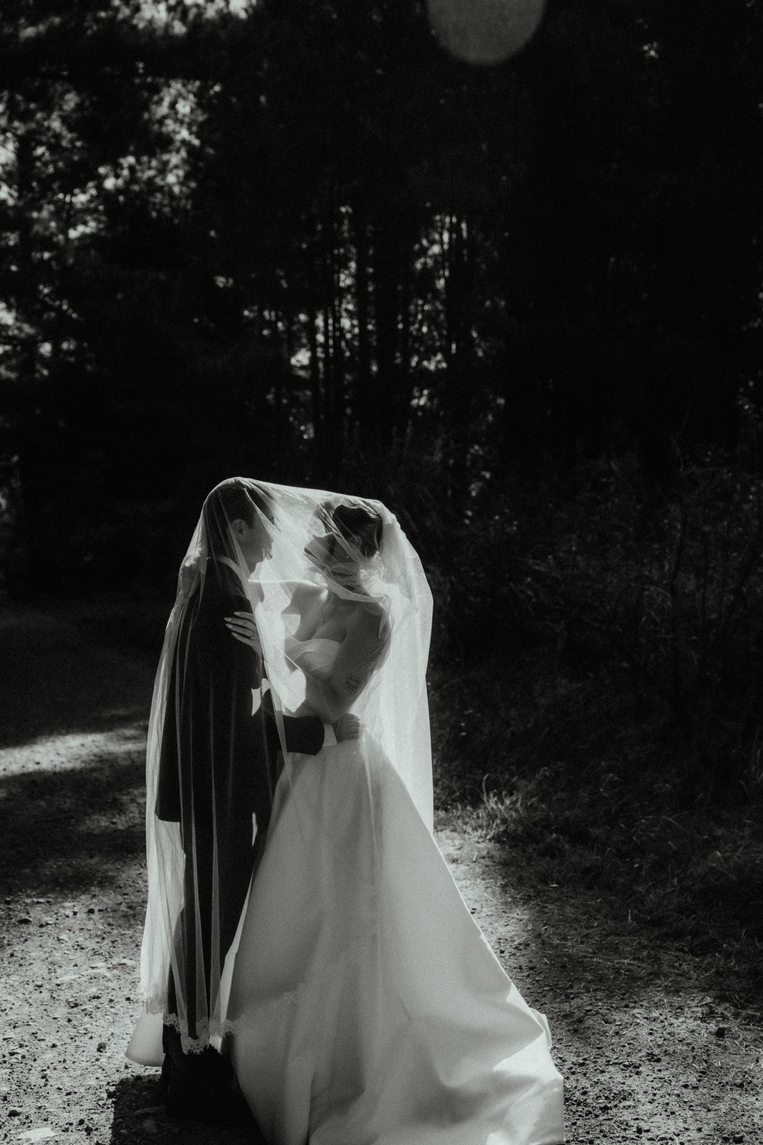 Black and white image of a bride and groom kissing beneath a sheer veil on a sunlit forest path.