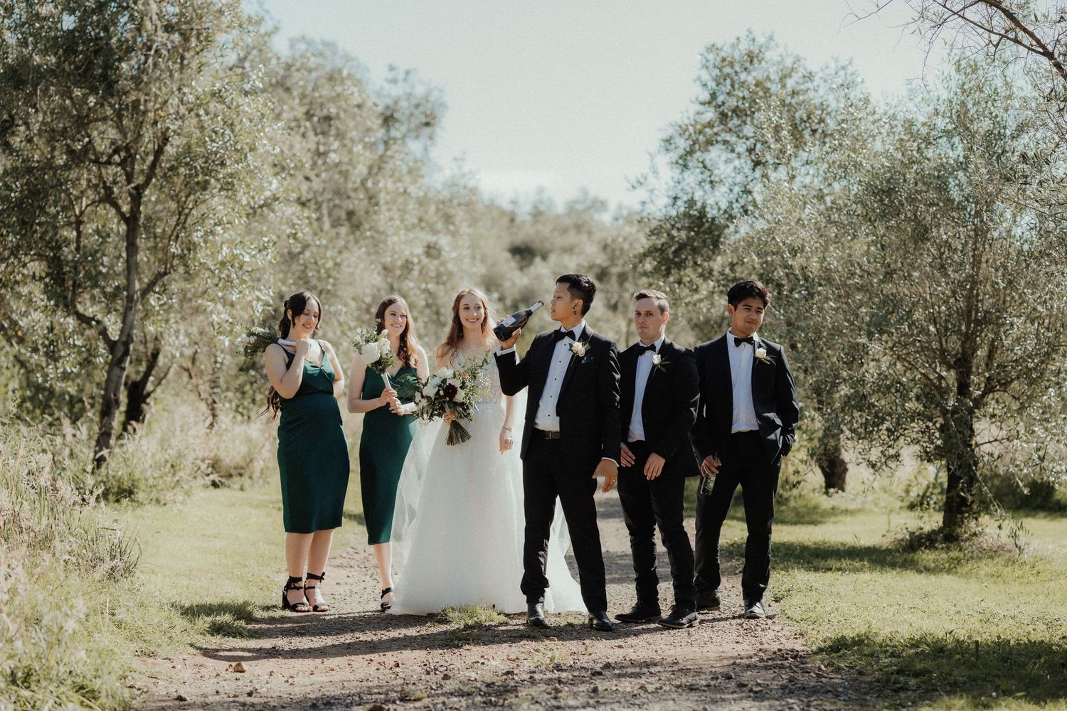 Bride and groom pose with bridesmaids in green dresses and groomsmen in black suits along a path through an olive grove.