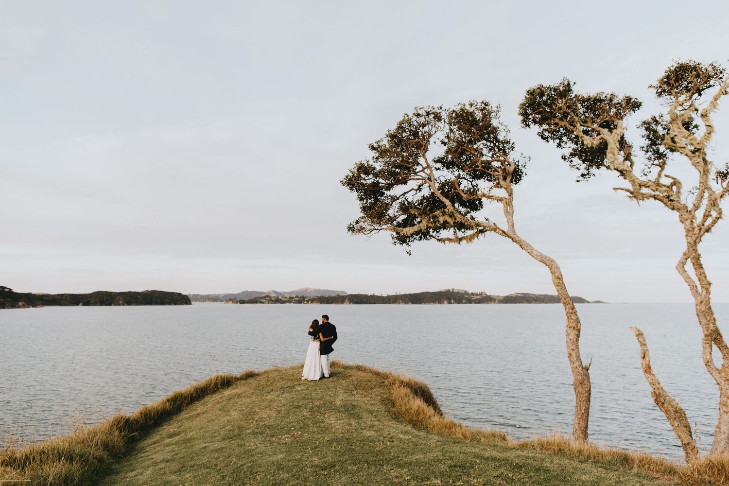 Newlywed couple embraces on a grassy coastal headland beside windswept trees overlooking calm water under a soft sky.