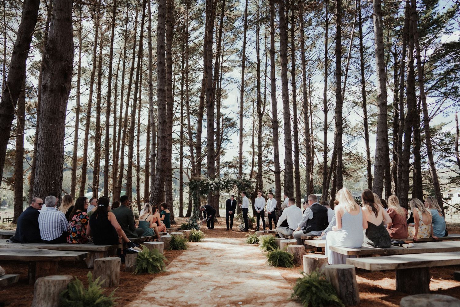 Outdoor forest wedding ceremony among tall pine trees with guests seated on wooden benches facing the couple at the end of the aisle.
