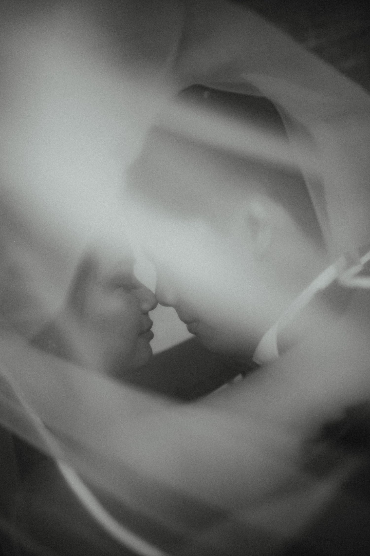 Dreamy black and white photo of a bride and groom nose to nose, softly framed by a flowing wedding veil.