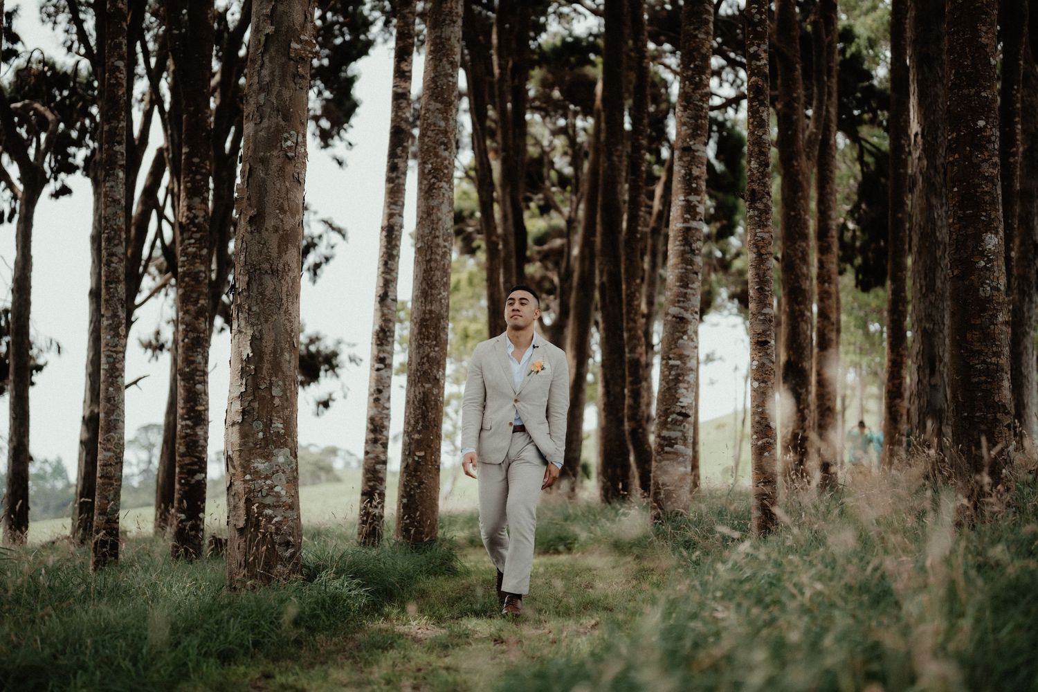 Groom in a light grey suit walks along a grassy path between tall pine trees at a wedding.