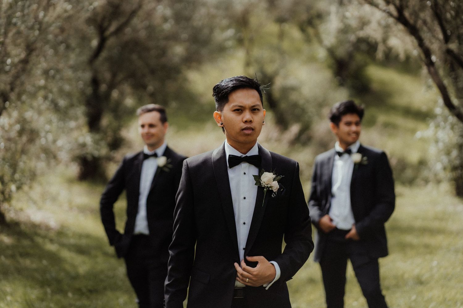 Groom in a black tuxedo and bow tie stands in front of two groomsmen in a sunlit olive grove before the wedding.