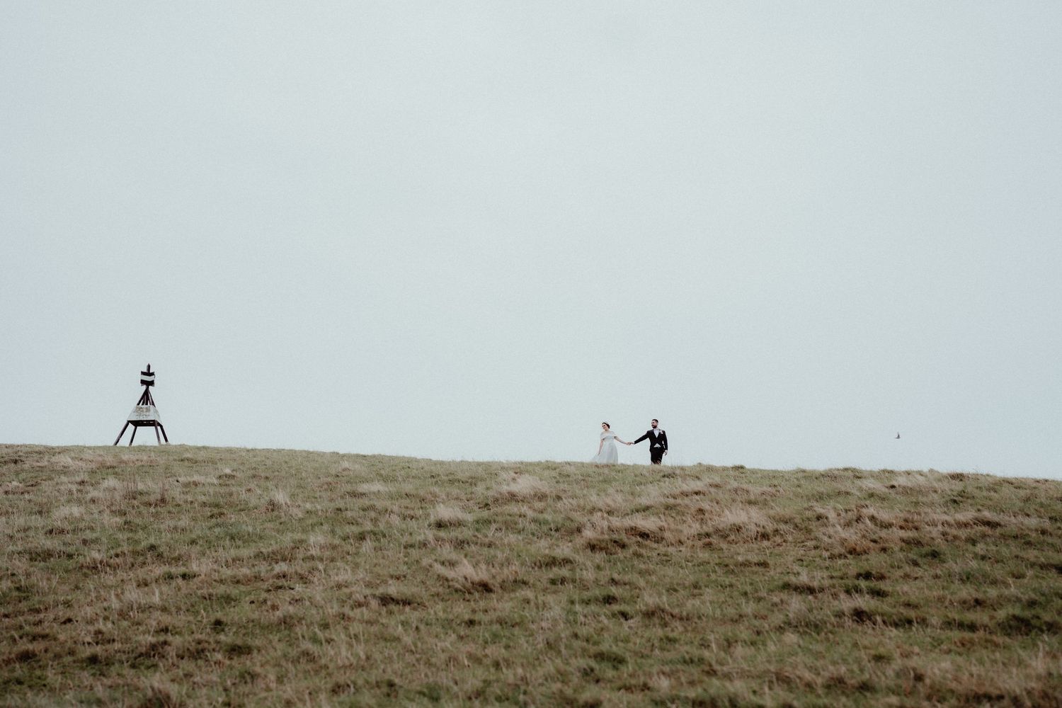 Tiny figures of a bride and groom walk hand in hand across a vast grassy hill toward a distant lookout structure.