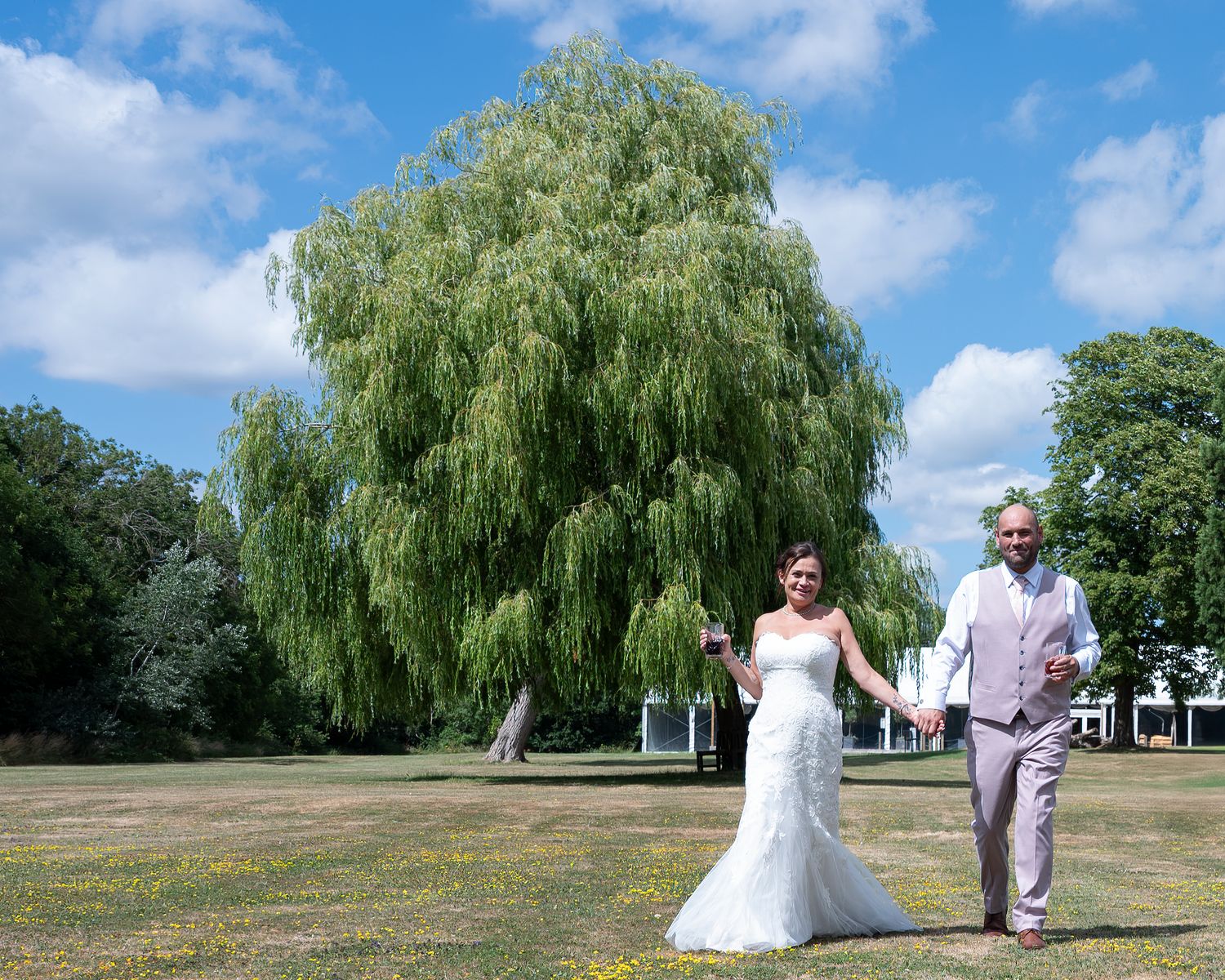 Wedding couple poses for photos under weeping willow trees in a sunny field.