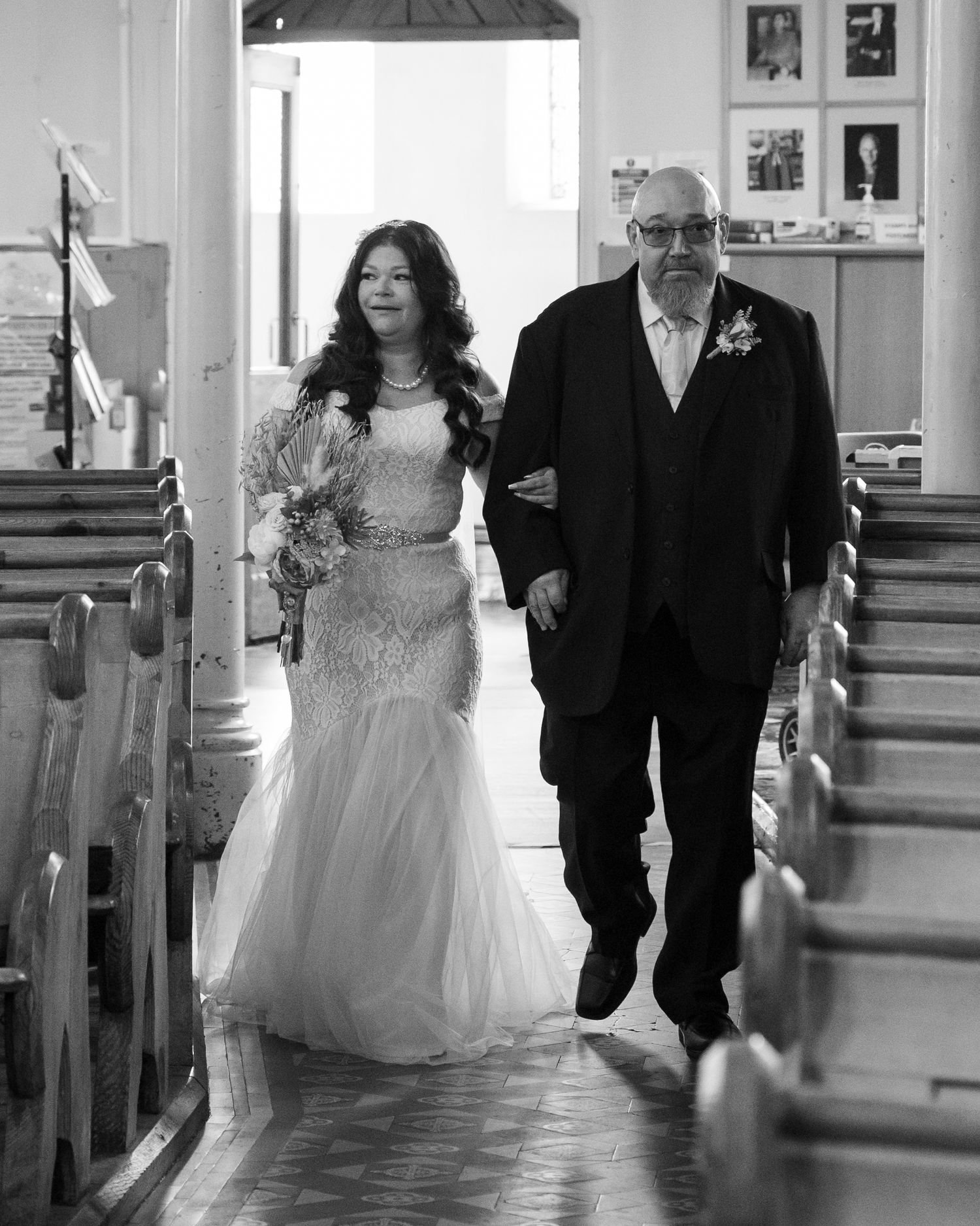 Black and white photo sequence showing a wedding ceremony procession in a church aisle.