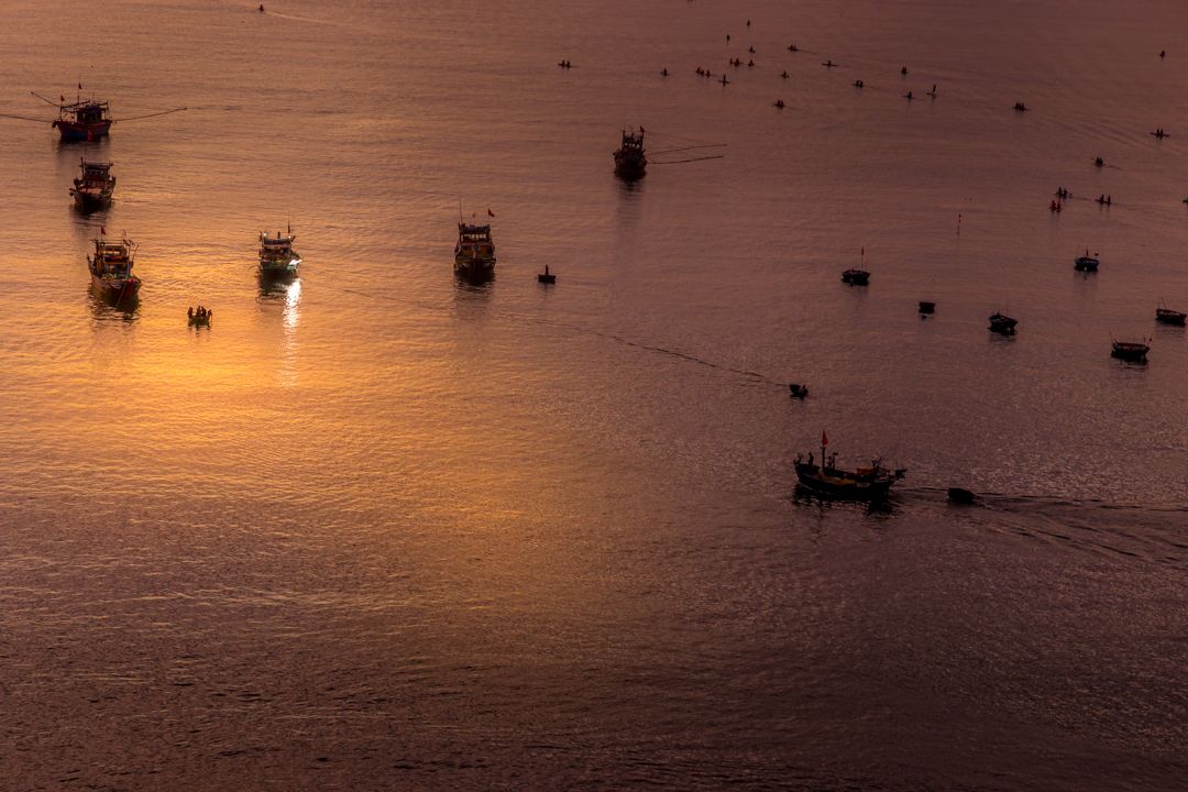 Fishing boats silhouetted on golden sunset waters, aerial view of fleet anchored in calm sea at dusk.