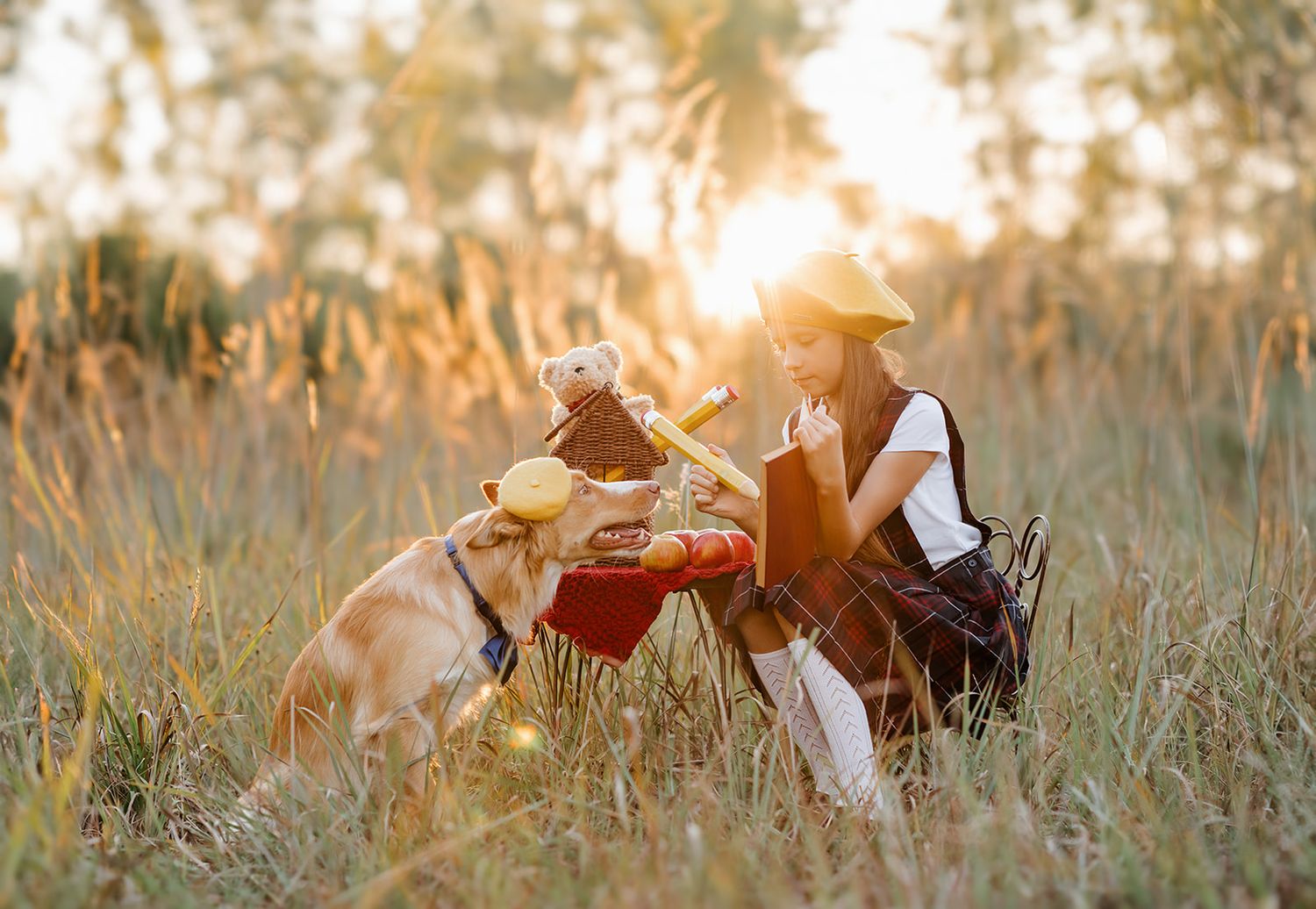 Woman and golden dog share a playful moment at a rustic outdoor picnic setup in a sunlit grassy field.