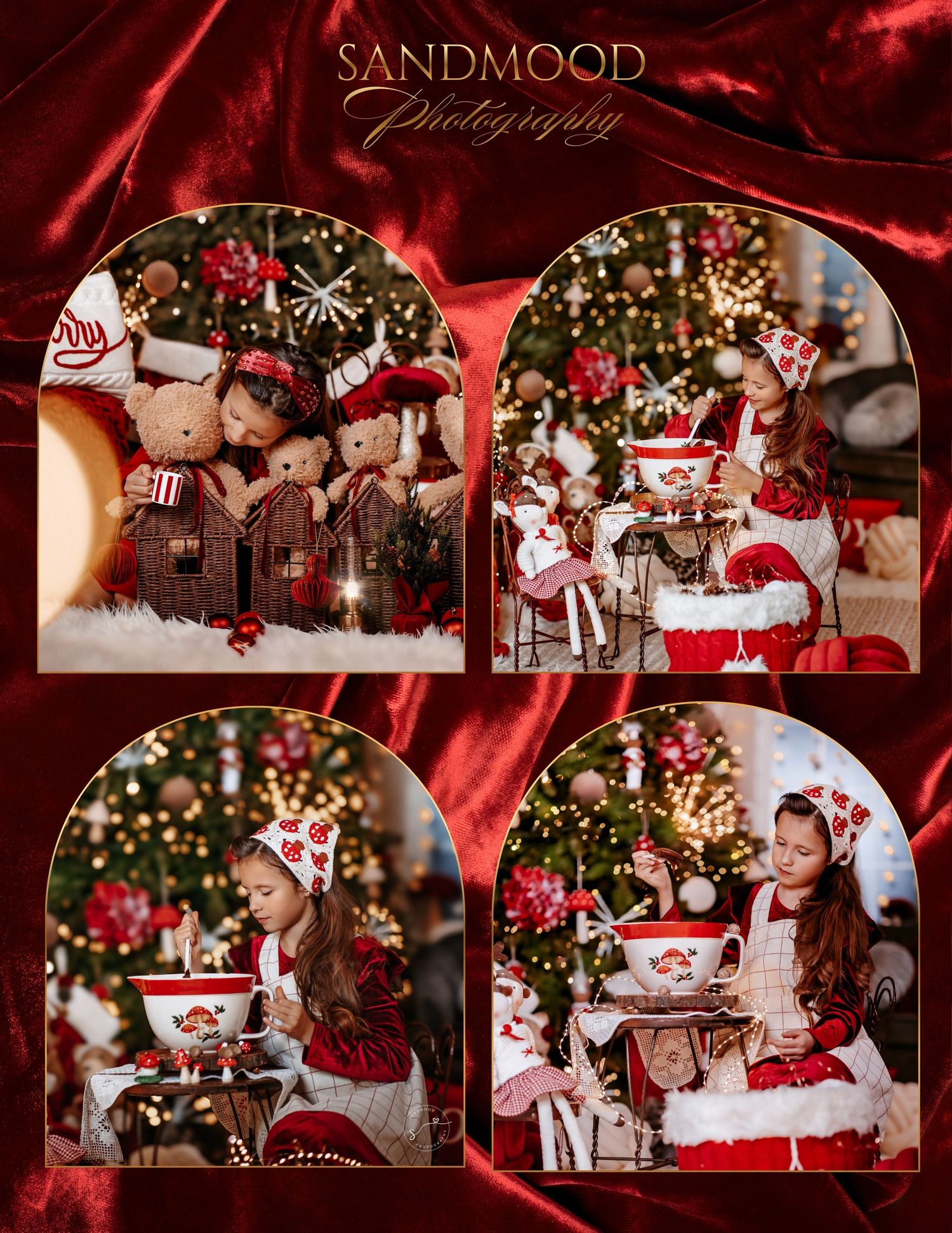 Sandmood Photography Christmas photo collage of a girl in red holiday outfits with teddy bears, tea set and decorated tree on red velvet.