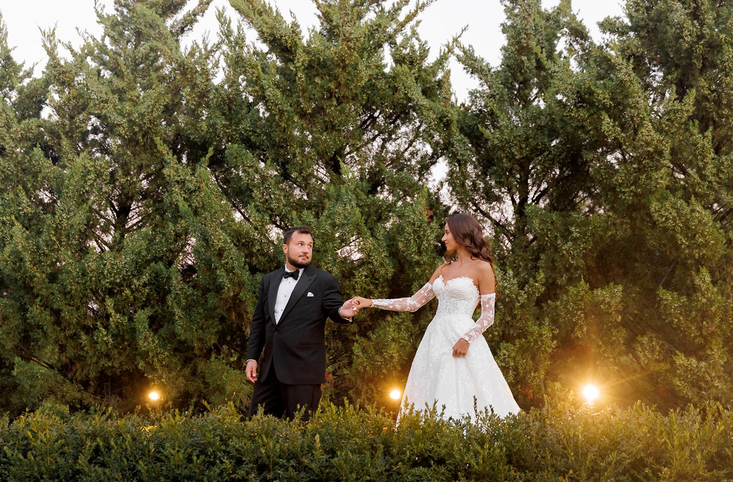 Bride and groom hold hands among tall evergreen trees with warm glowing lights at dusk wedding portrait.