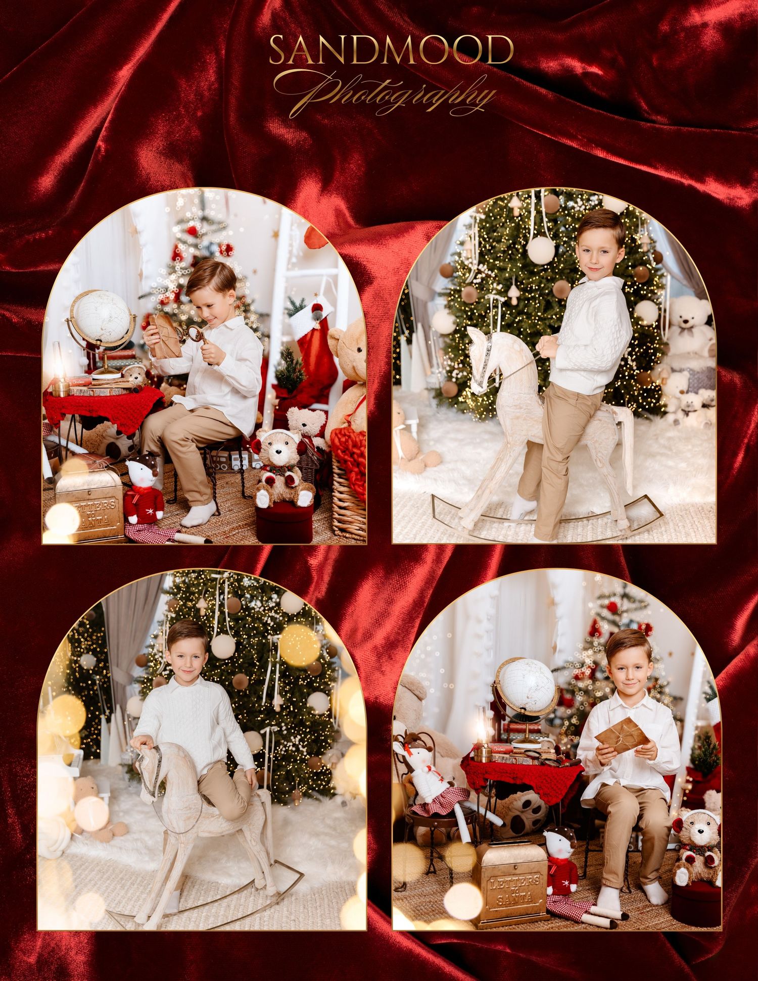 Sandmood Photography Christmas mini session collage of a boy in cream sweater with a rocking horse, teddy bears, globes and decorated trees.