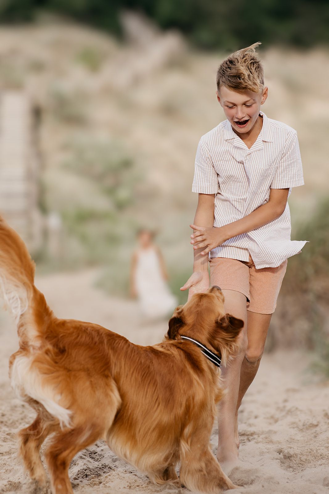 A laughing boy plays with a golden retriever dog on a sandy beach path on a sunny day.