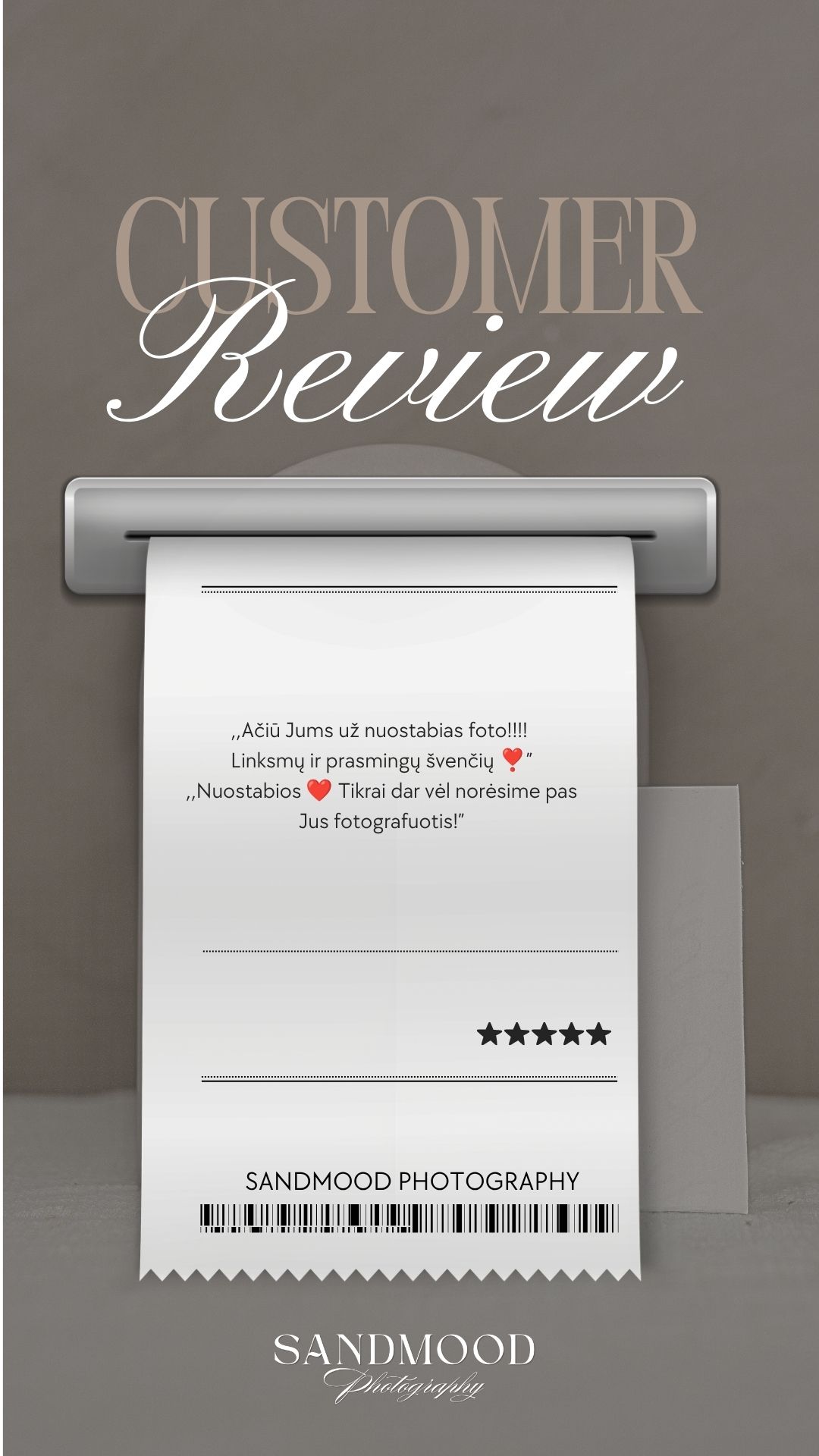 Sandmood Photography customer review receipt graphic with 5-star rating and Lithuanian testimonial text.