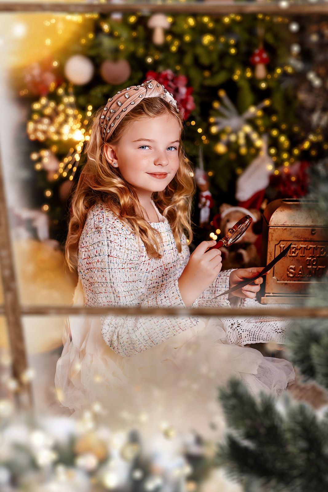 A smiling girl in a white sweater mails a letter to Santa by a decorated Christmas tree with golden lights.