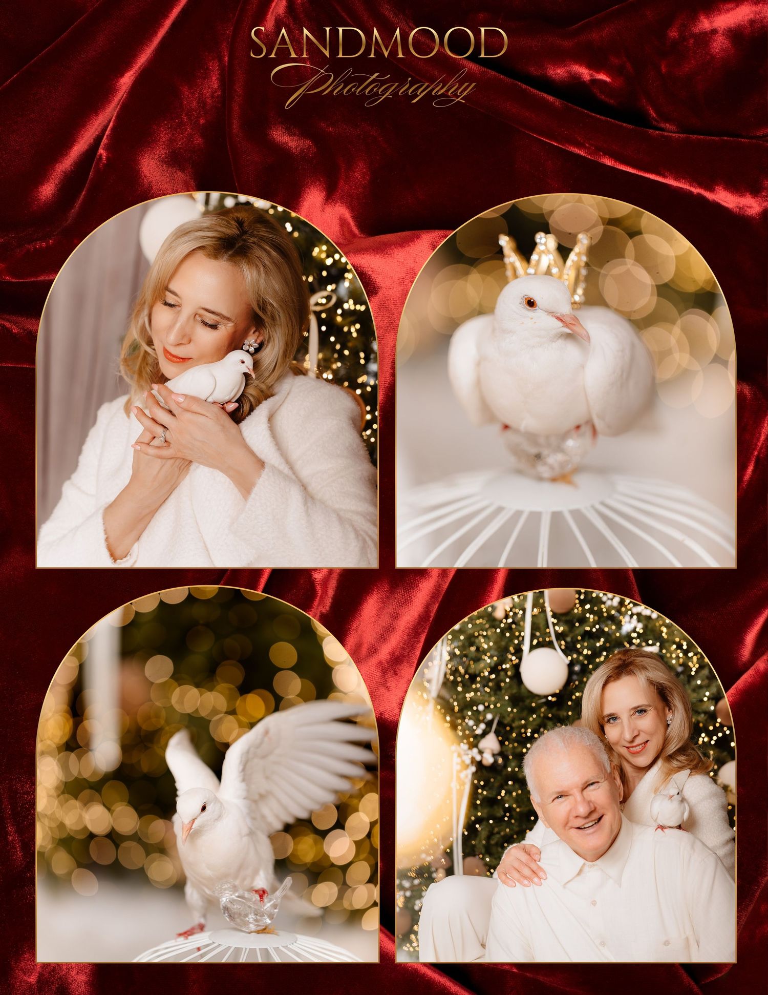 Sandmood Photography collage of arched holiday portraits featuring white doves, a crowned dove, and a smiling couple by a glowing Christmas 