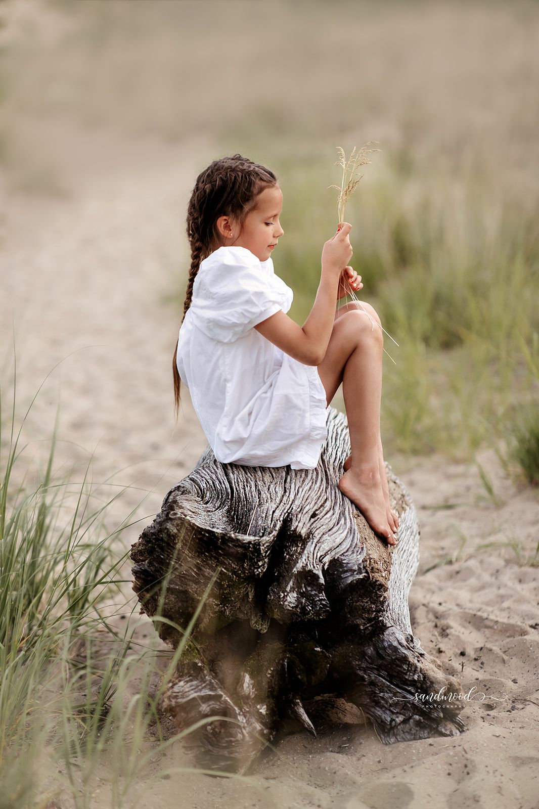 A young girl with braids sits barefoot on a driftwood stump on a sandy beach, holding a dried grass stem.