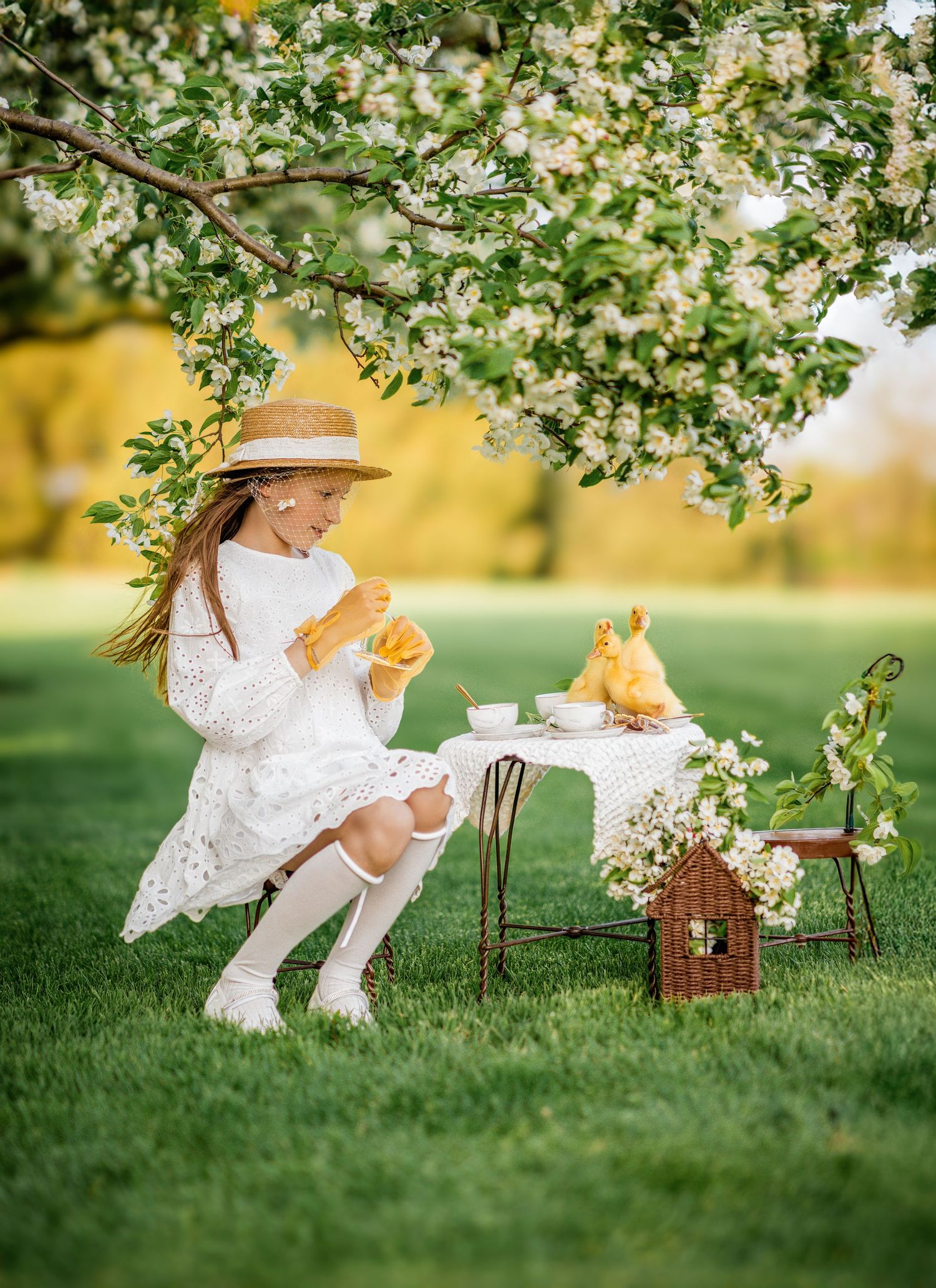 A young girl in a white lace dress and straw hat enjoys a tea party with ducklings under a blooming tree.
