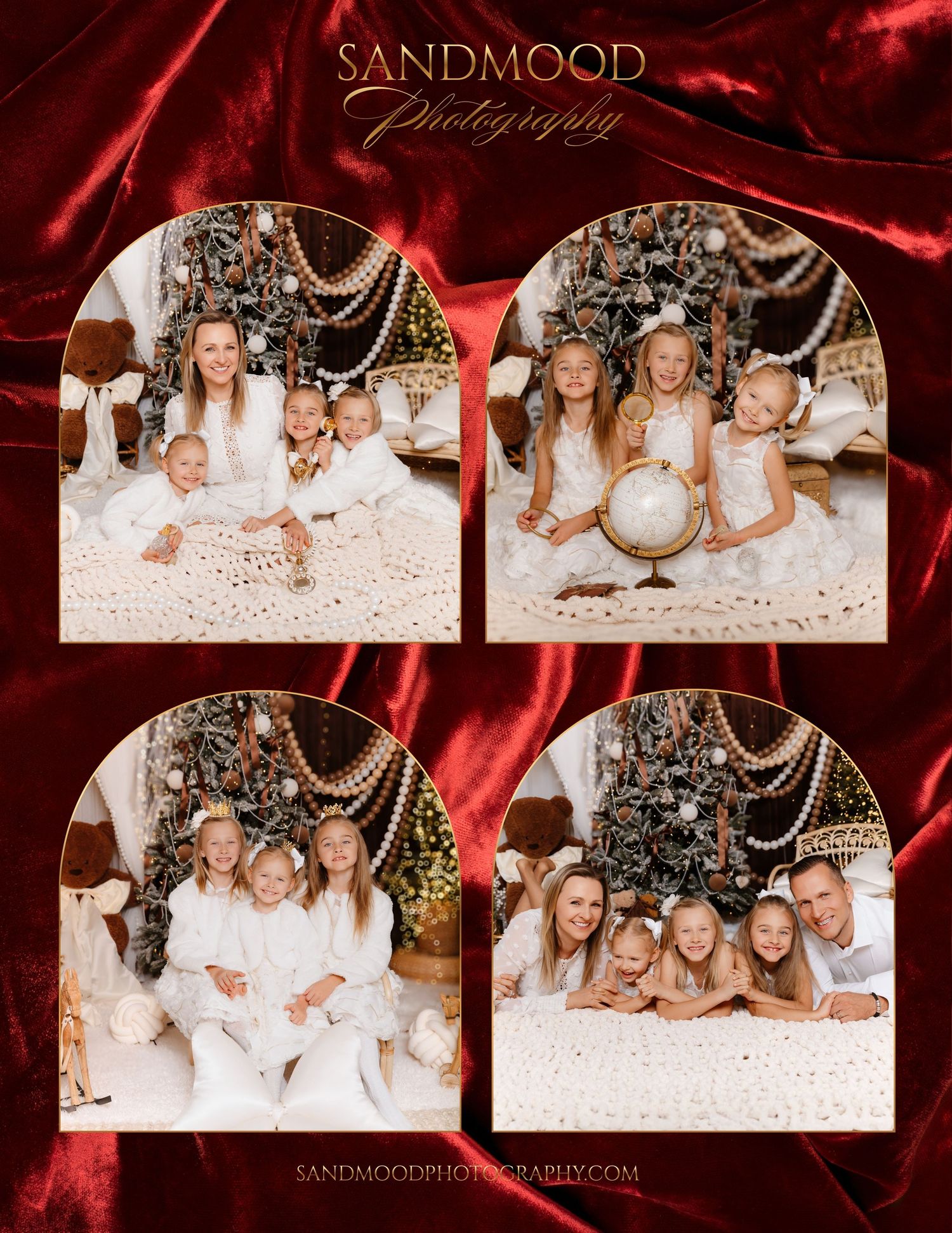 Sandmood Photography Christmas mini session collage of a family in white outfits posing by a decorated tree on a red velvet backdrop.